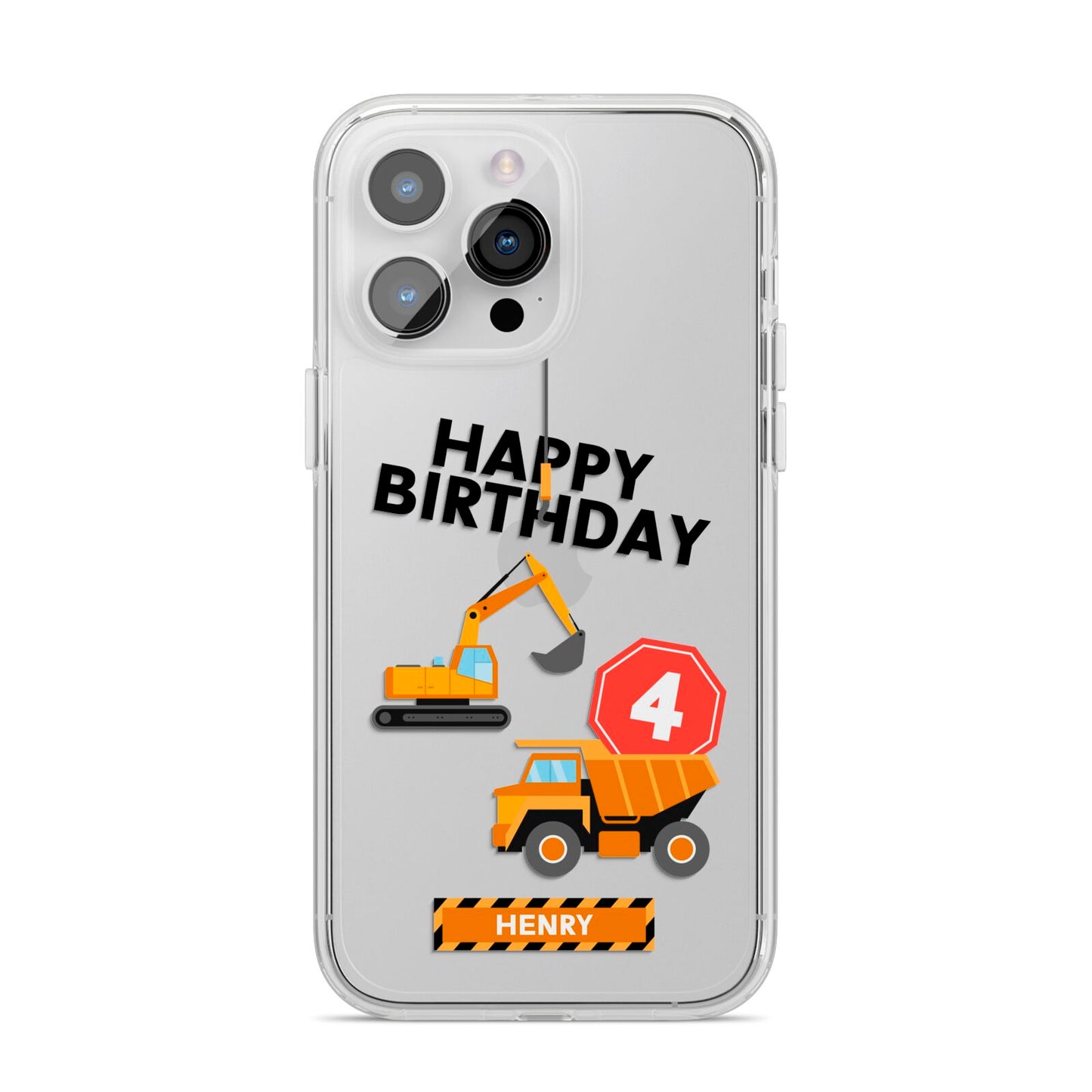 Boys Birthday Diggers Personalised iPhone 14 Pro Max Clear Tough Case Silver