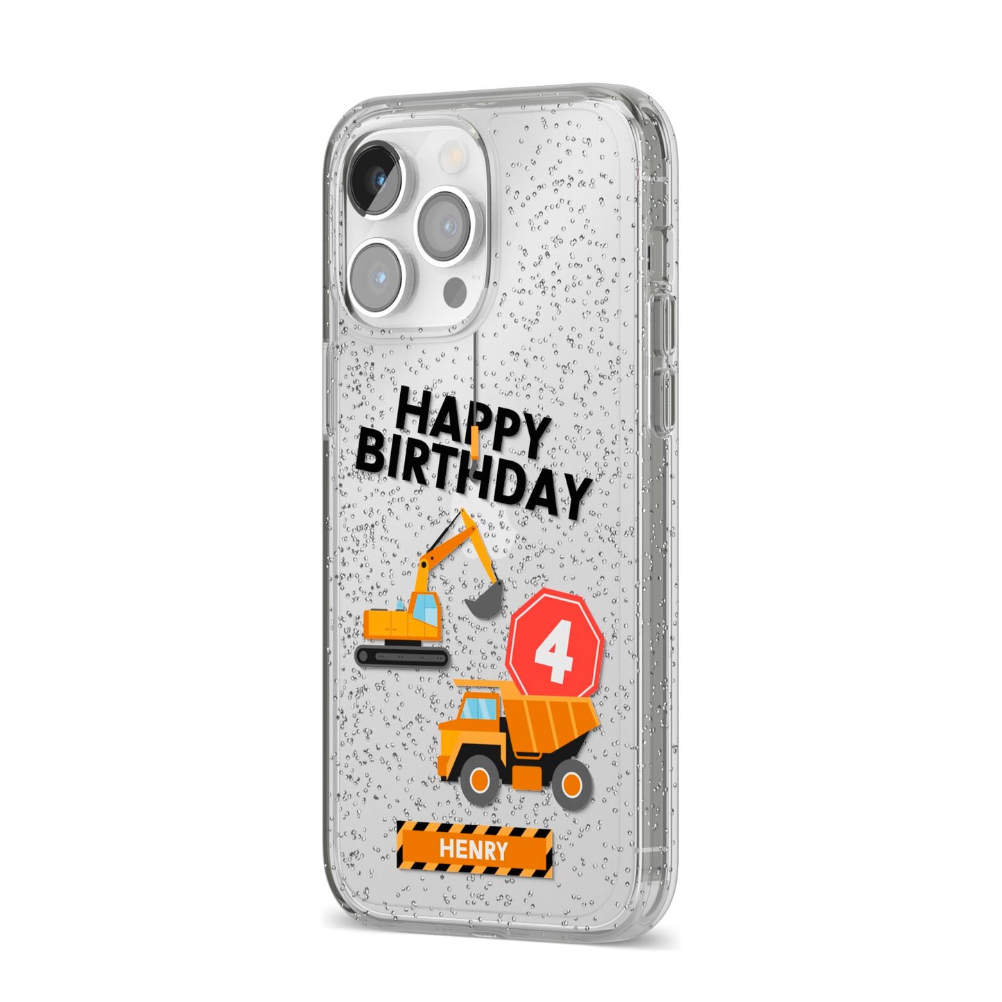 Boys Birthday Diggers Personalised iPhone 14 Pro Max Glitter Tough Case Silver Angled Image