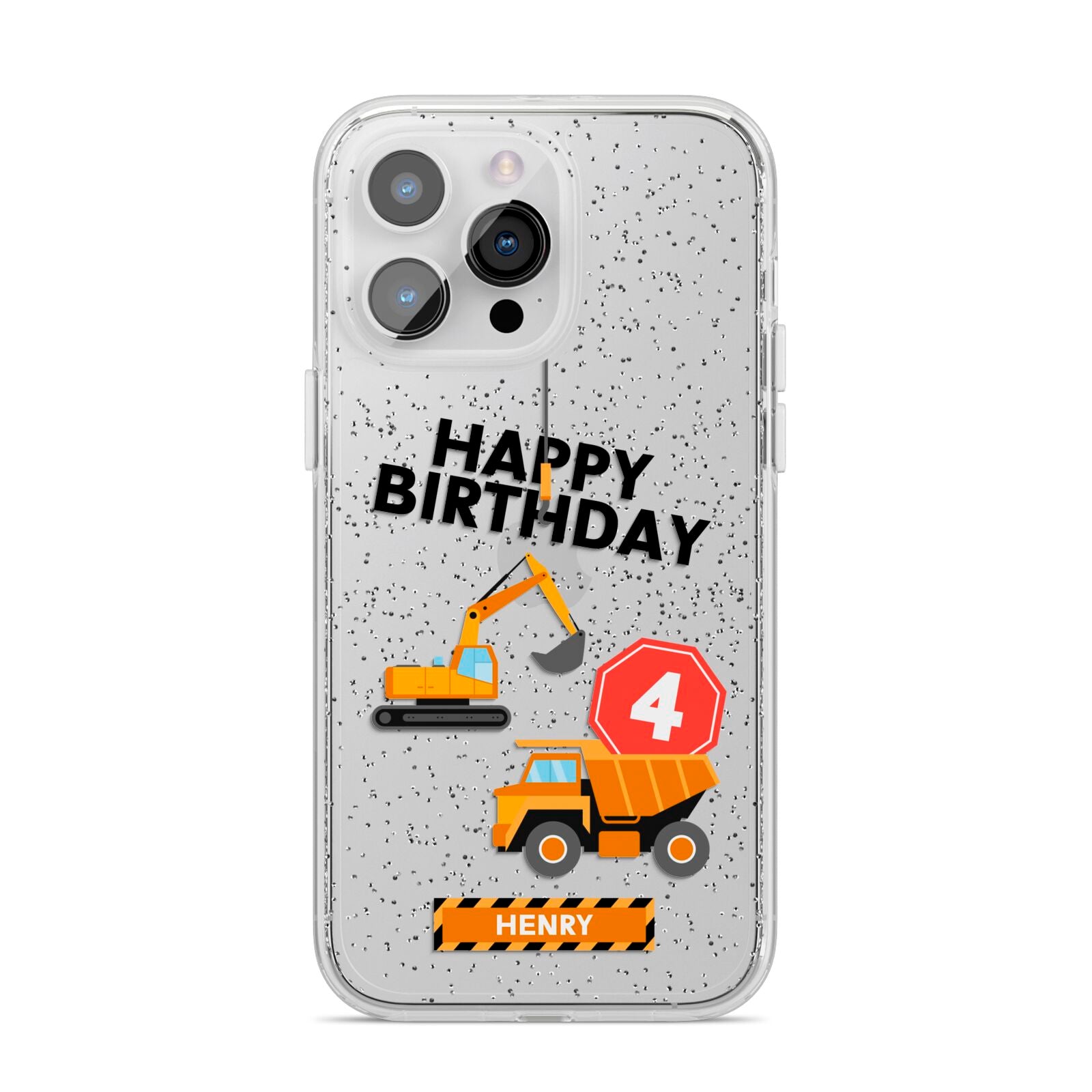 Boys Birthday Diggers Personalised iPhone 14 Pro Max Glitter Tough Case Silver