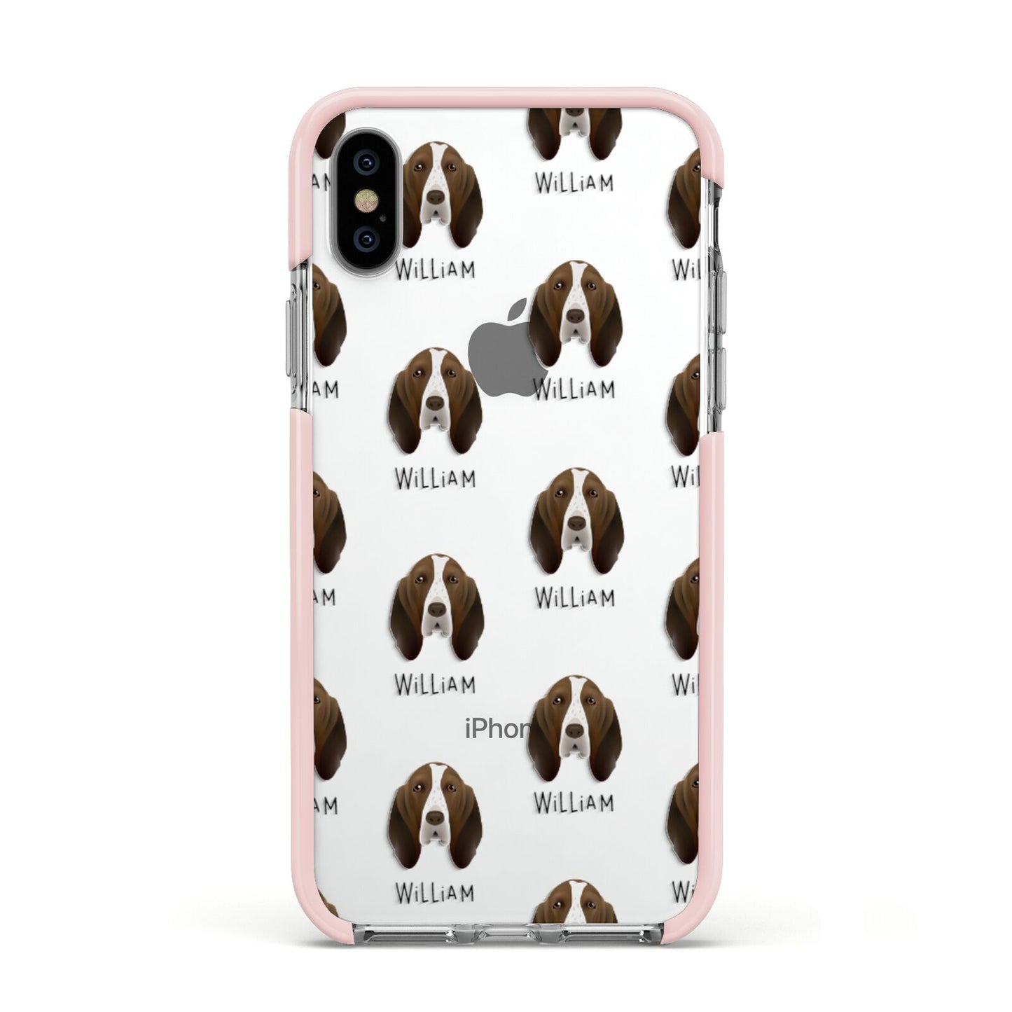 Bracco Italiano Icon with Name Apple iPhone Xs Impact Case Pink Edge on Silver Phone