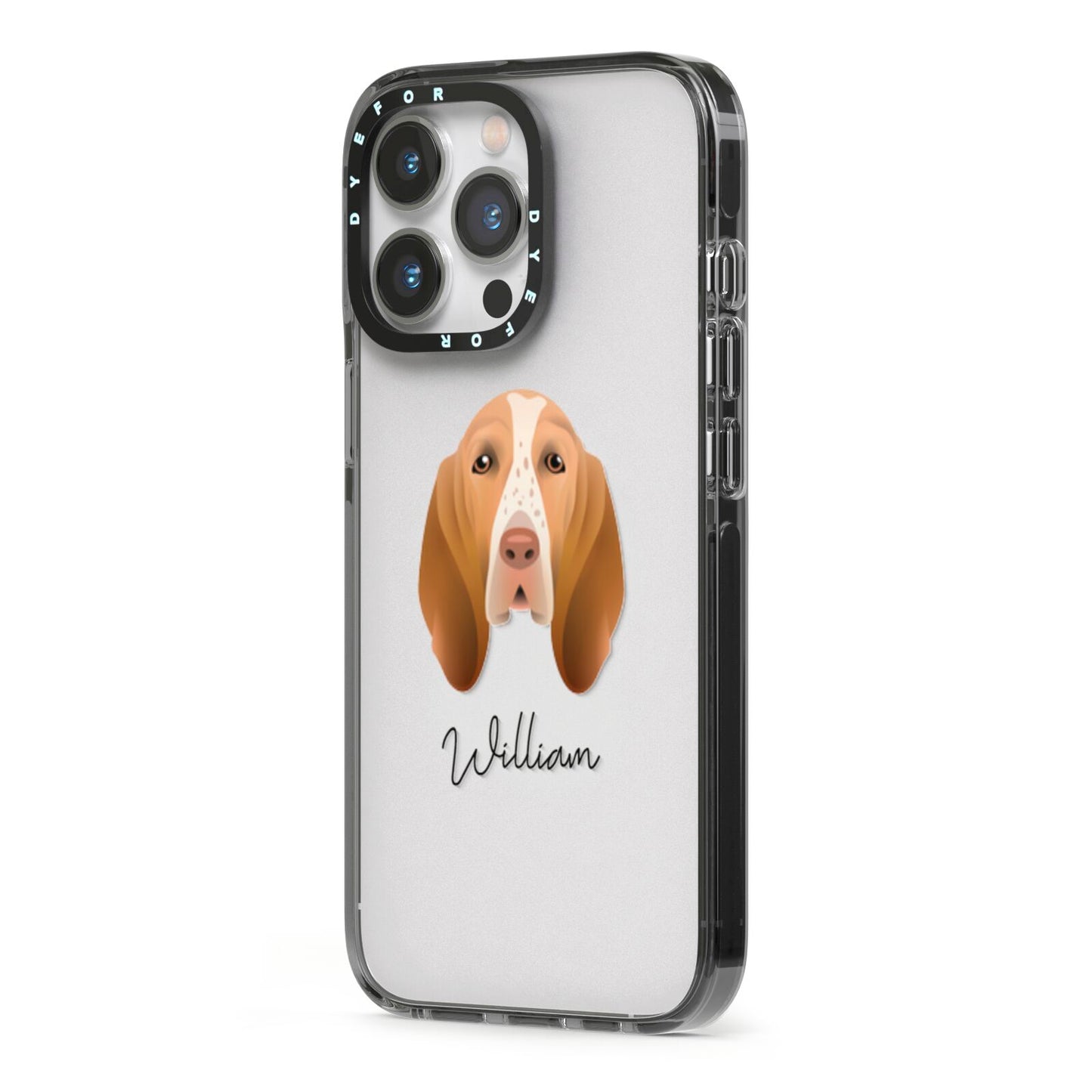 Bracco Italiano Personalised iPhone 13 Pro Black Impact Case Side Angle on Silver phone