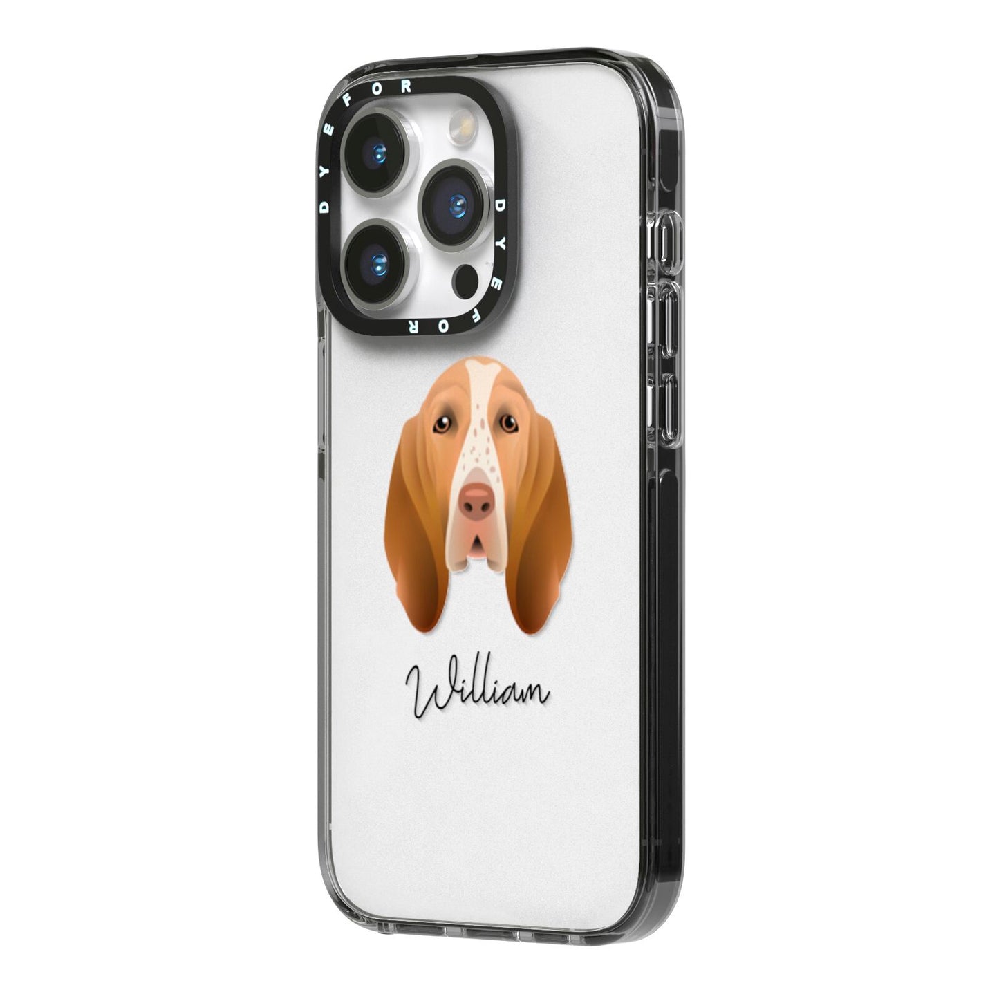 Bracco Italiano Personalised iPhone 14 Pro Black Impact Case Side Angle on Silver phone