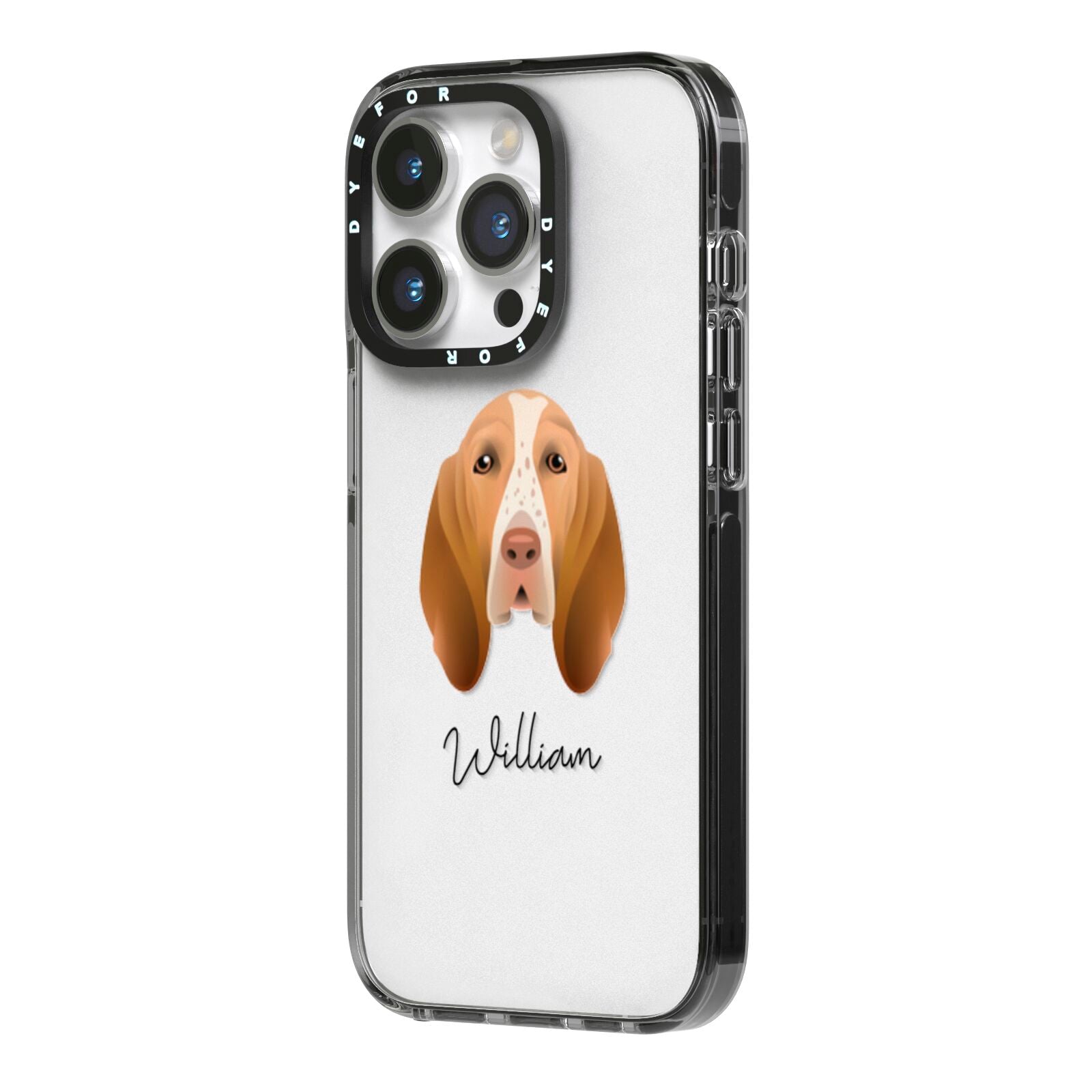 Bracco Italiano Personalised iPhone 14 Pro Black Impact Case Side Angle on Silver phone