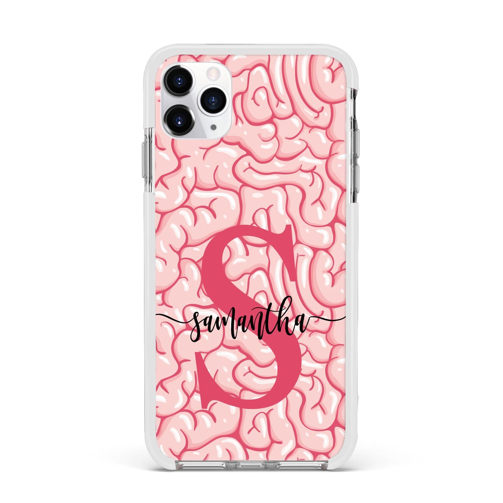 Brain Background with Monogram and Text Apple iPhone 11 Pro Max in Silver with White Impact Case