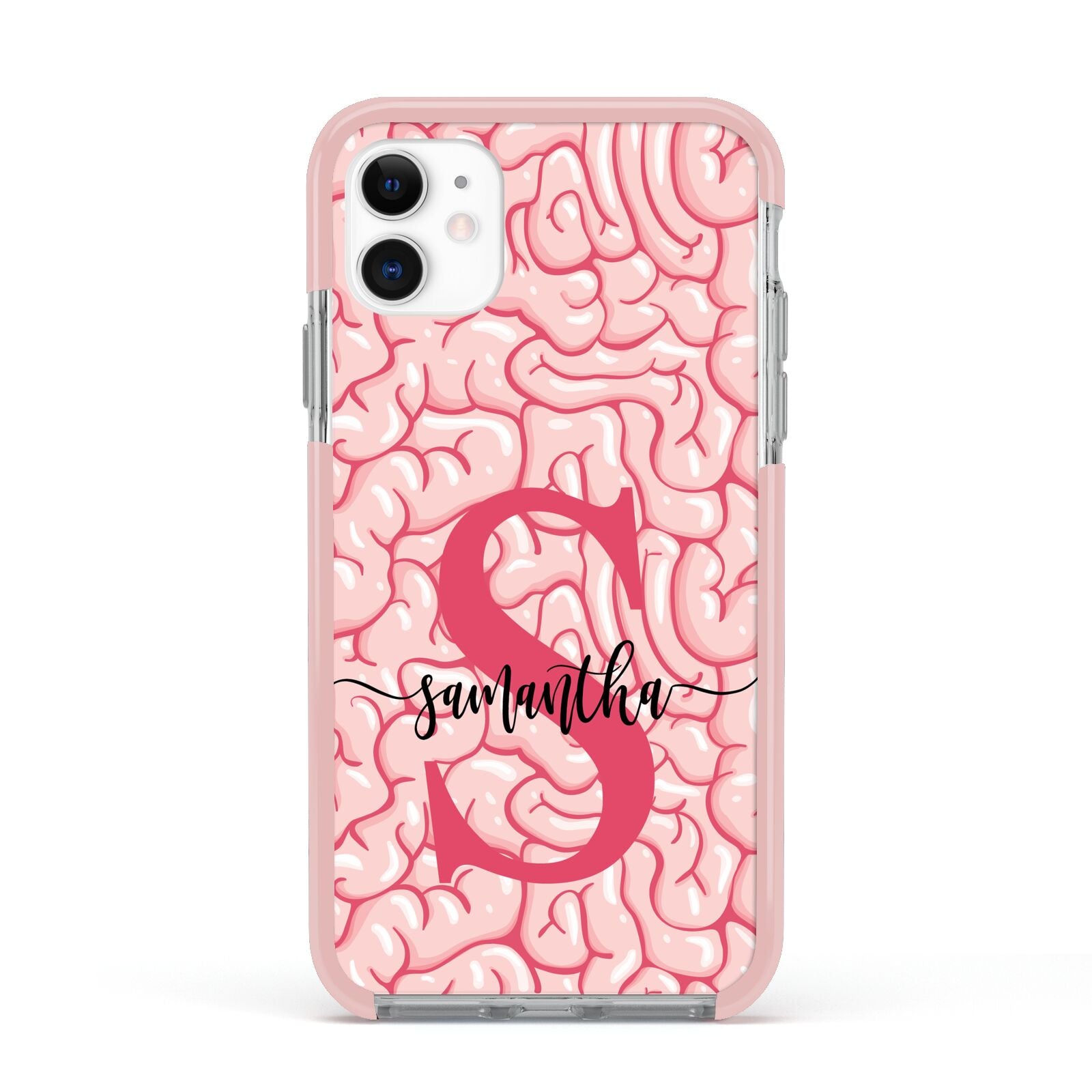 Brain Background with Monogram and Text Apple iPhone 11 in White with Pink Impact Case