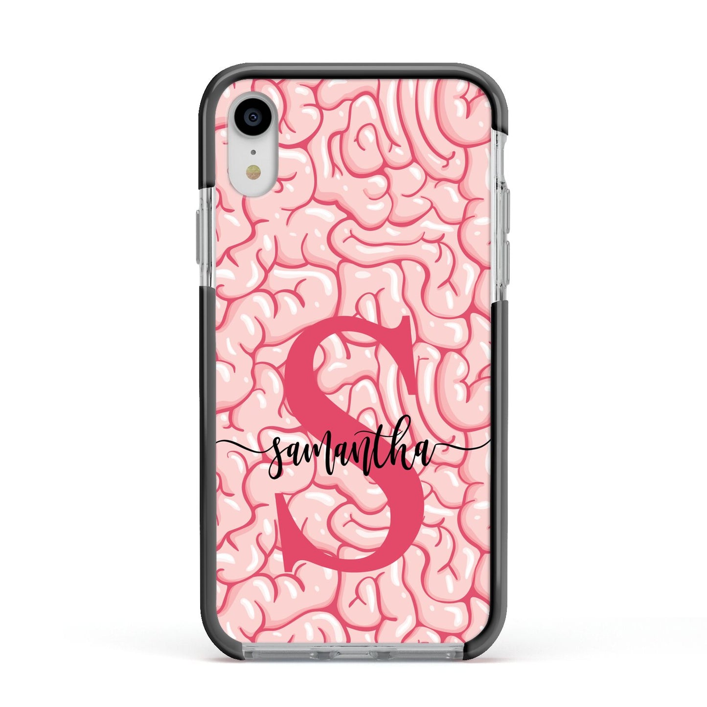 Brain Background with Monogram and Text Apple iPhone XR Impact Case Black Edge on Silver Phone
