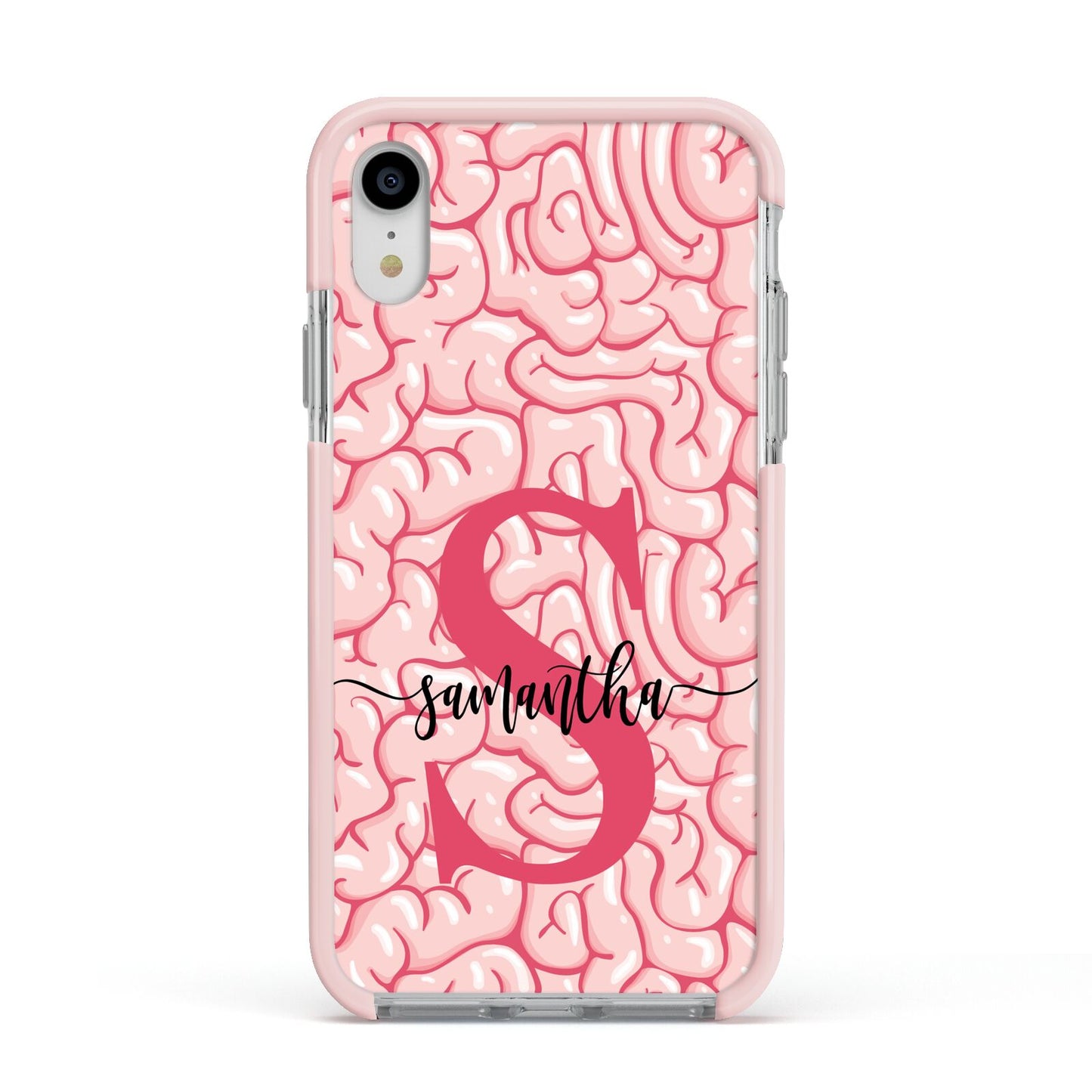 Brain Background with Monogram and Text Apple iPhone XR Impact Case Pink Edge on Silver Phone