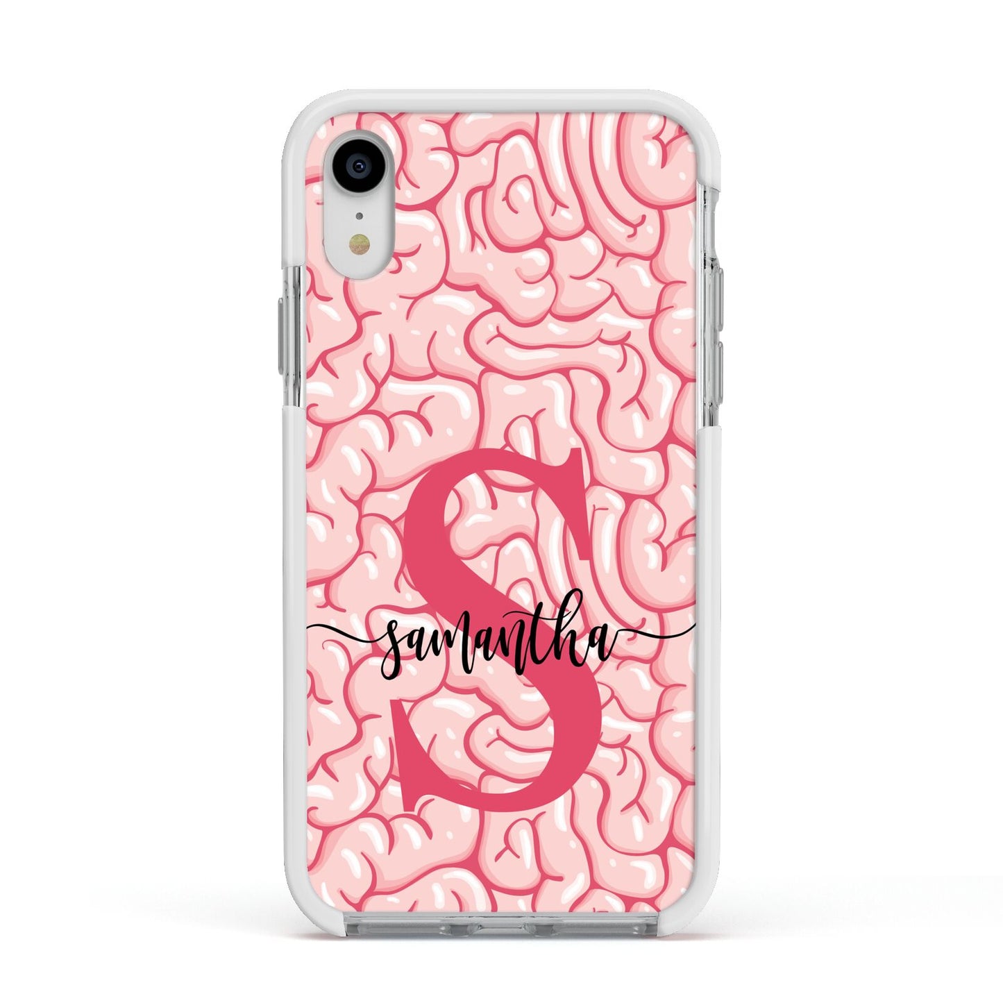 Brain Background with Monogram and Text Apple iPhone XR Impact Case White Edge on Silver Phone