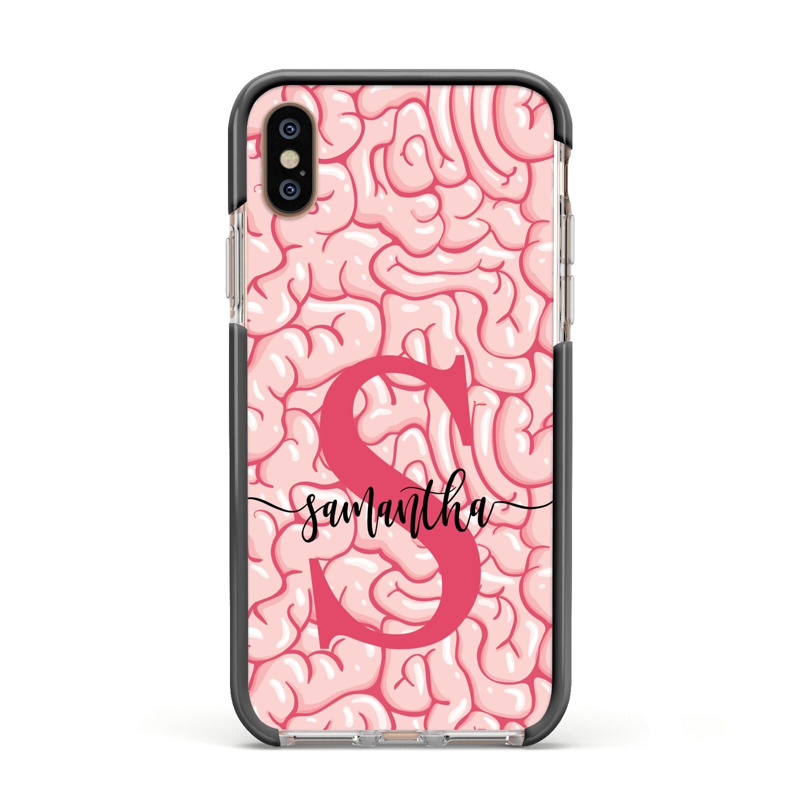 Brain Background with Monogram and Text Apple iPhone Xs Impact Case Black Edge on Gold Phone