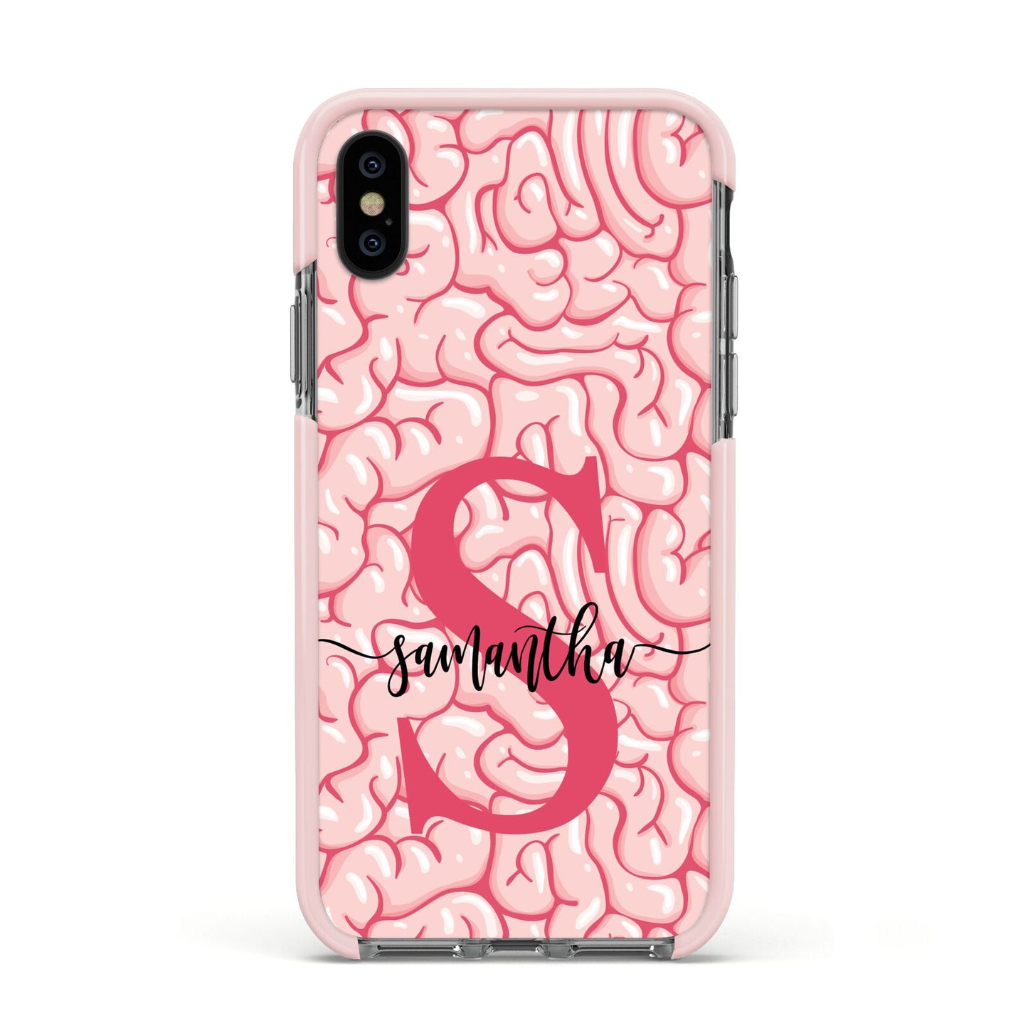 Brain Background with Monogram and Text Apple iPhone Xs Impact Case Pink Edge on Black Phone