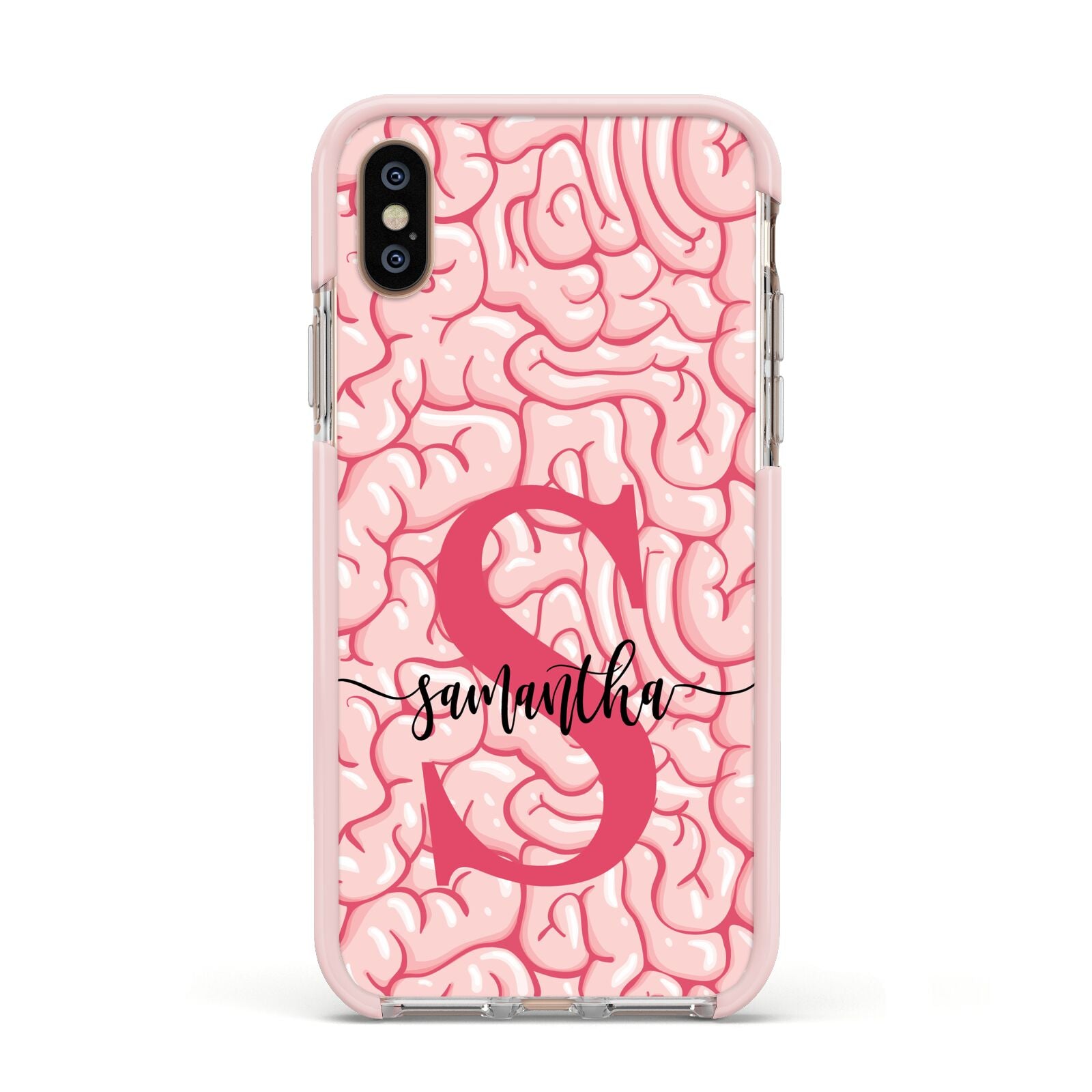 Brain Background with Monogram and Text Apple iPhone Xs Impact Case Pink Edge on Gold Phone