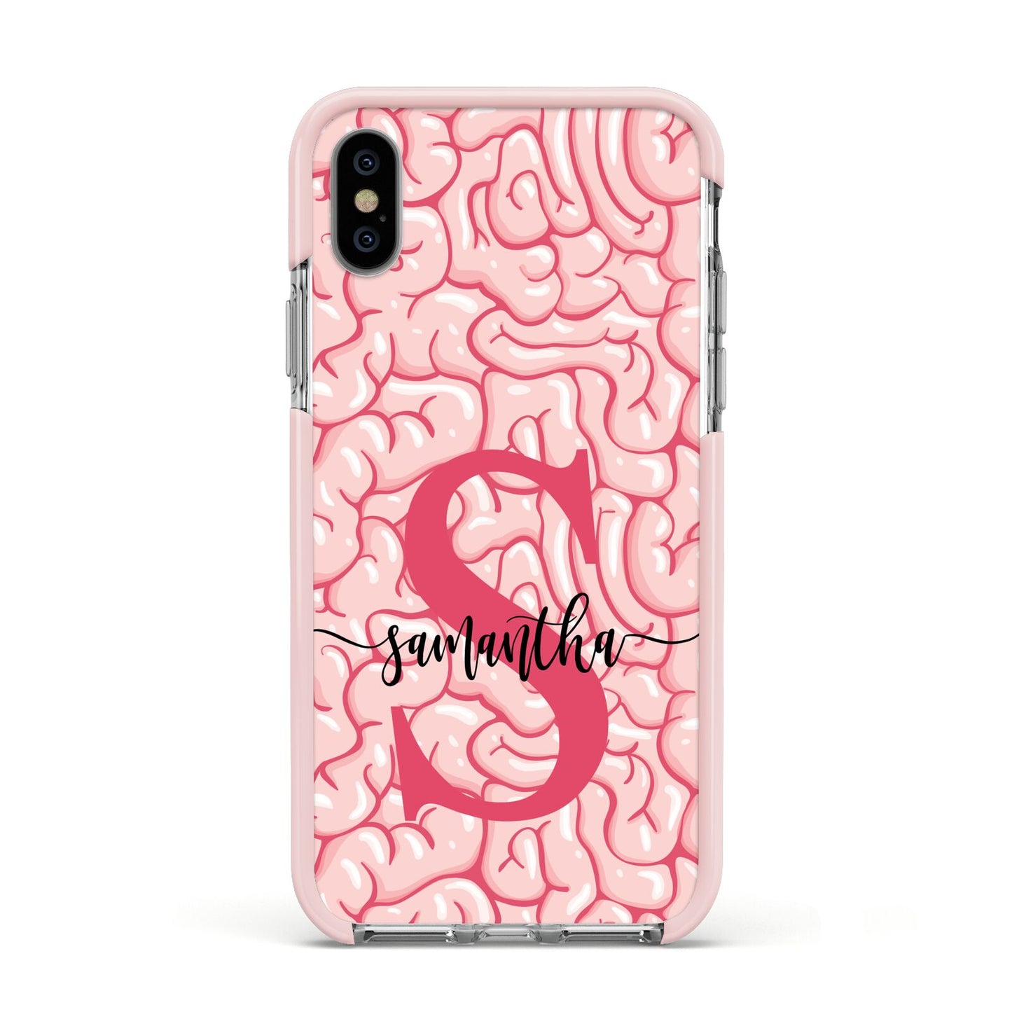 Brain Background with Monogram and Text Apple iPhone Xs Impact Case Pink Edge on Silver Phone