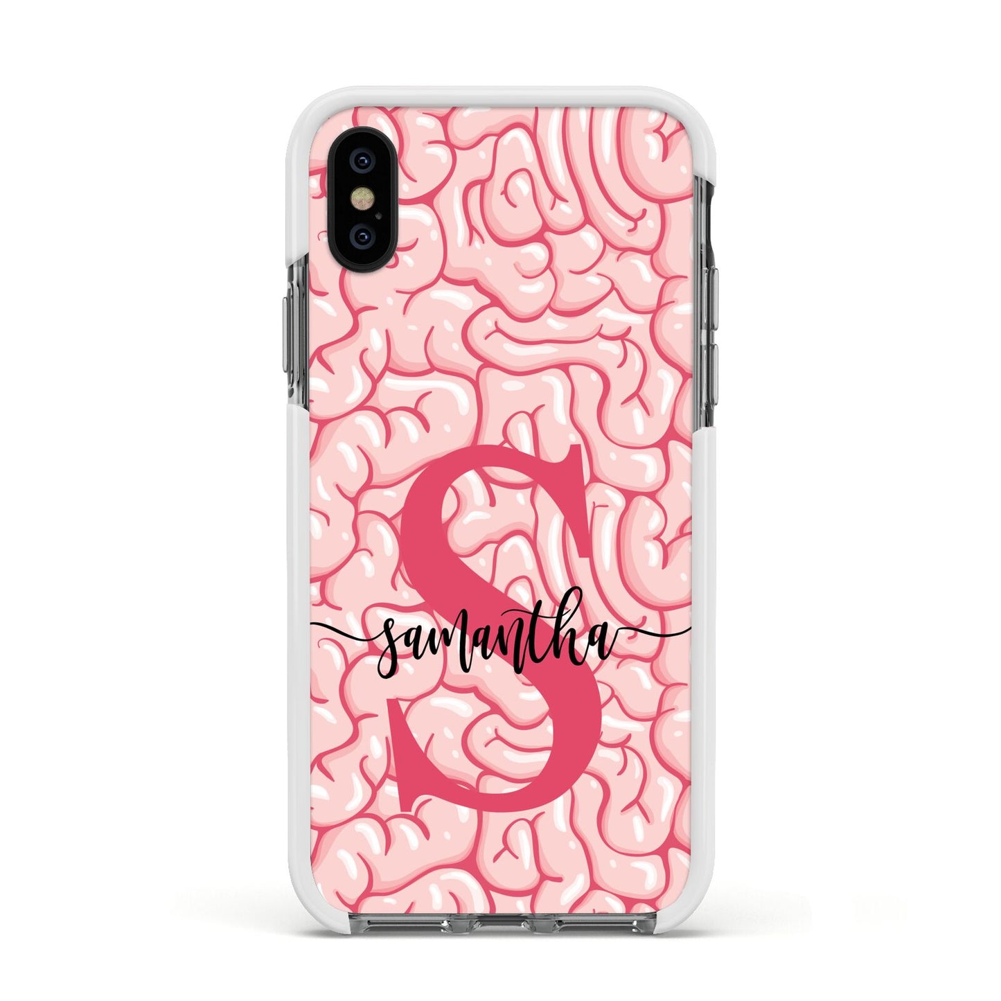 Brain Background with Monogram and Text Apple iPhone Xs Impact Case White Edge on Black Phone
