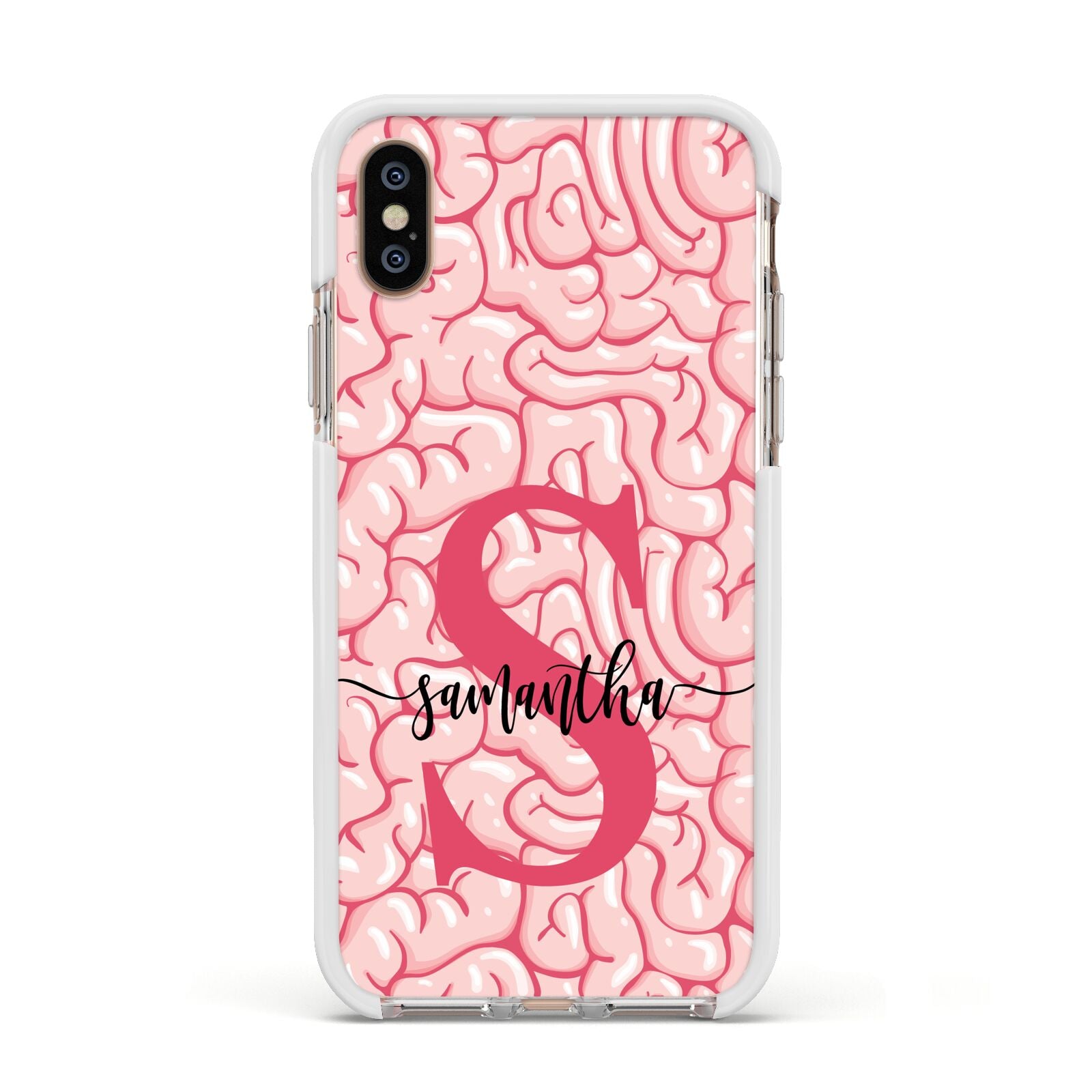 Brain Background with Monogram and Text Apple iPhone Xs Impact Case White Edge on Gold Phone