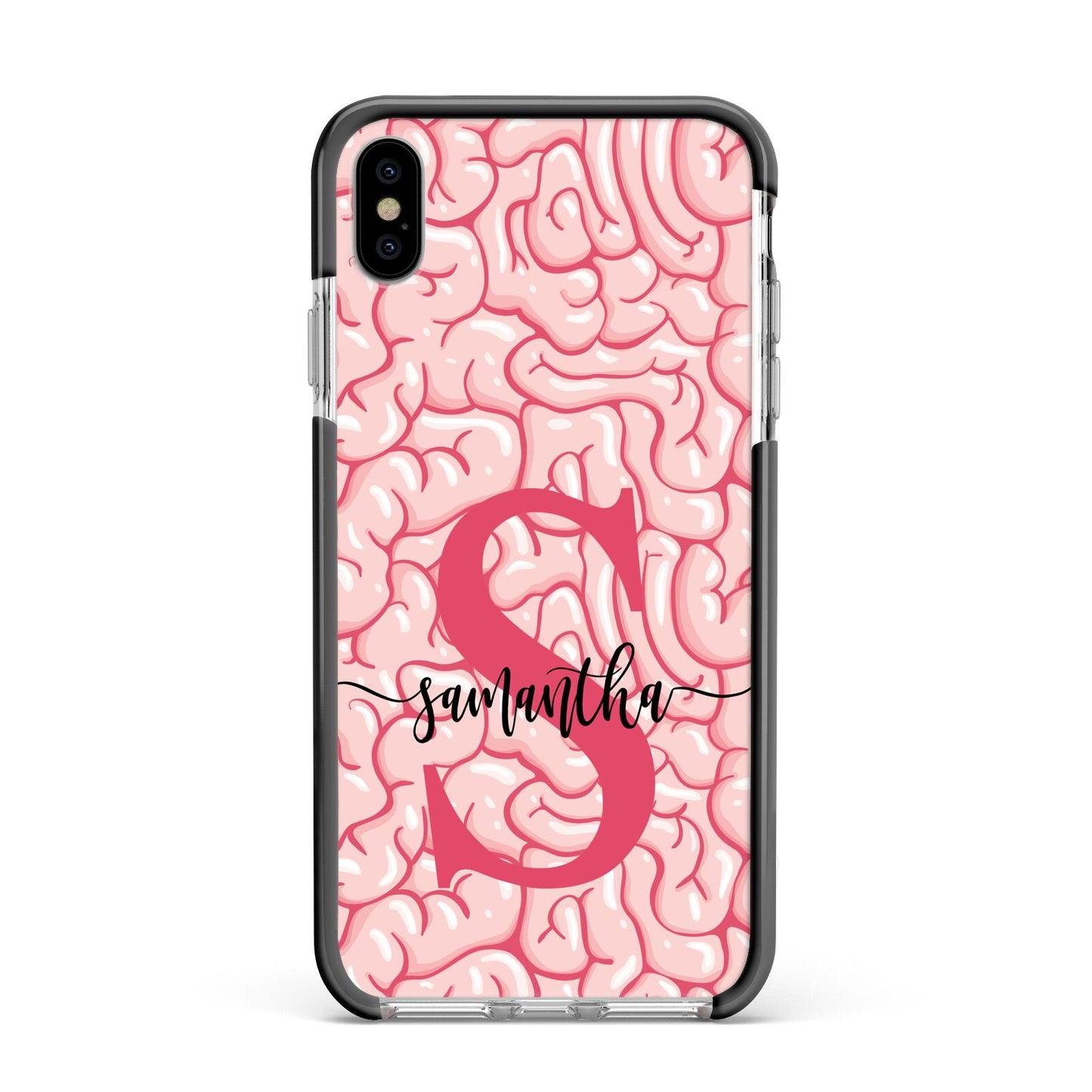Brain Background with Monogram and Text Apple iPhone Xs Max Impact Case Black Edge on Silver Phone