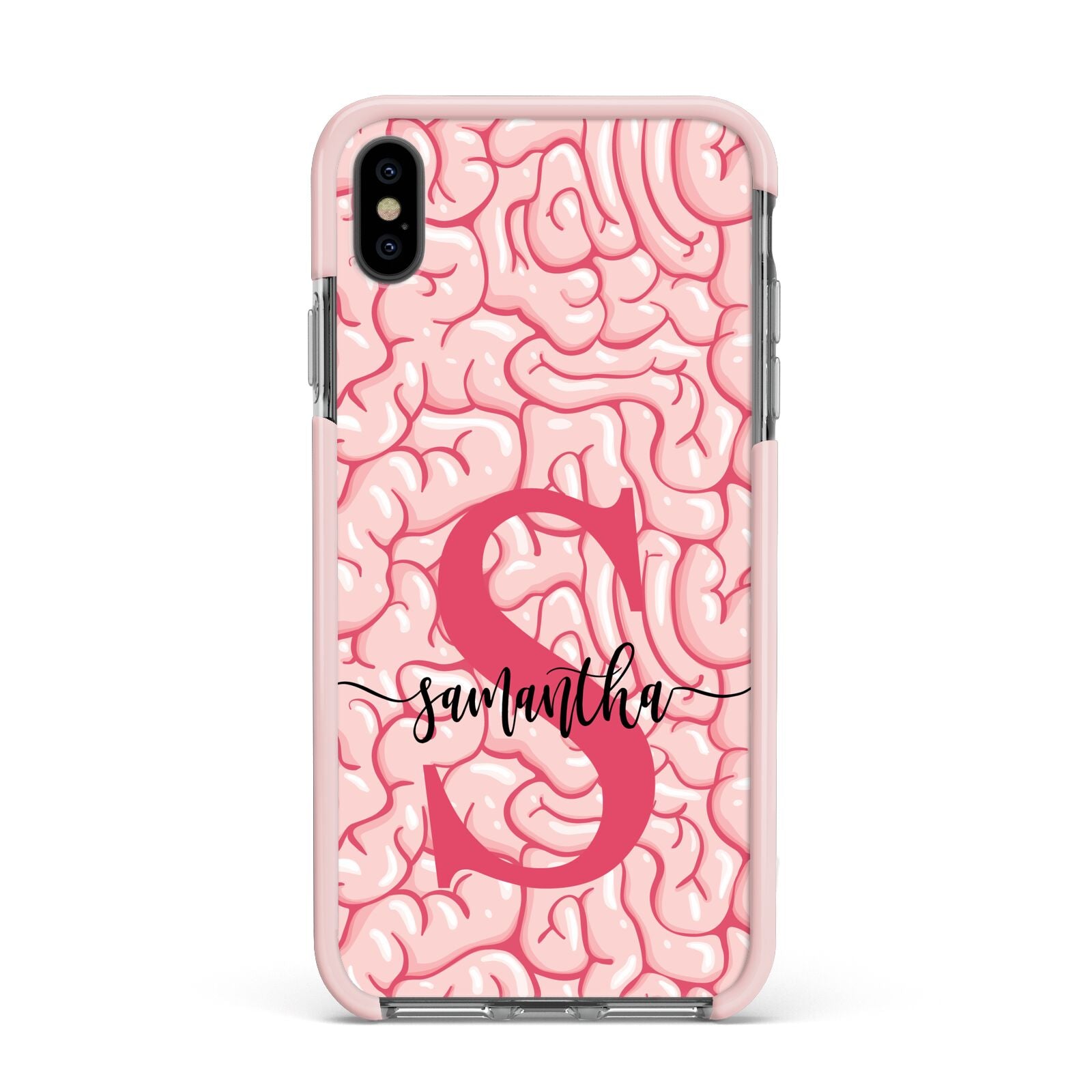 Brain Background with Monogram and Text Apple iPhone Xs Max Impact Case Pink Edge on Black Phone