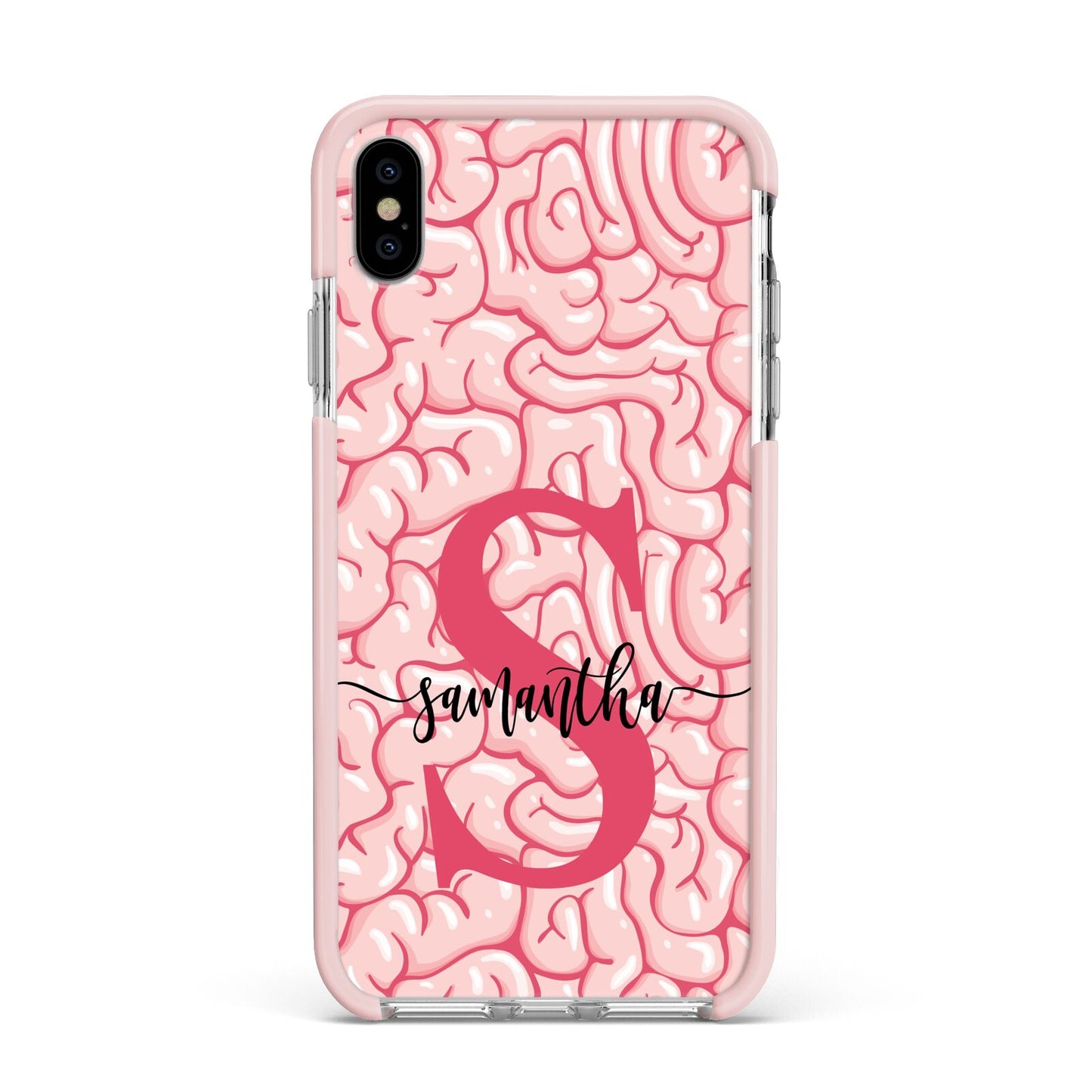 Brain Background with Monogram and Text Apple iPhone Xs Max Impact Case Pink Edge on Silver Phone