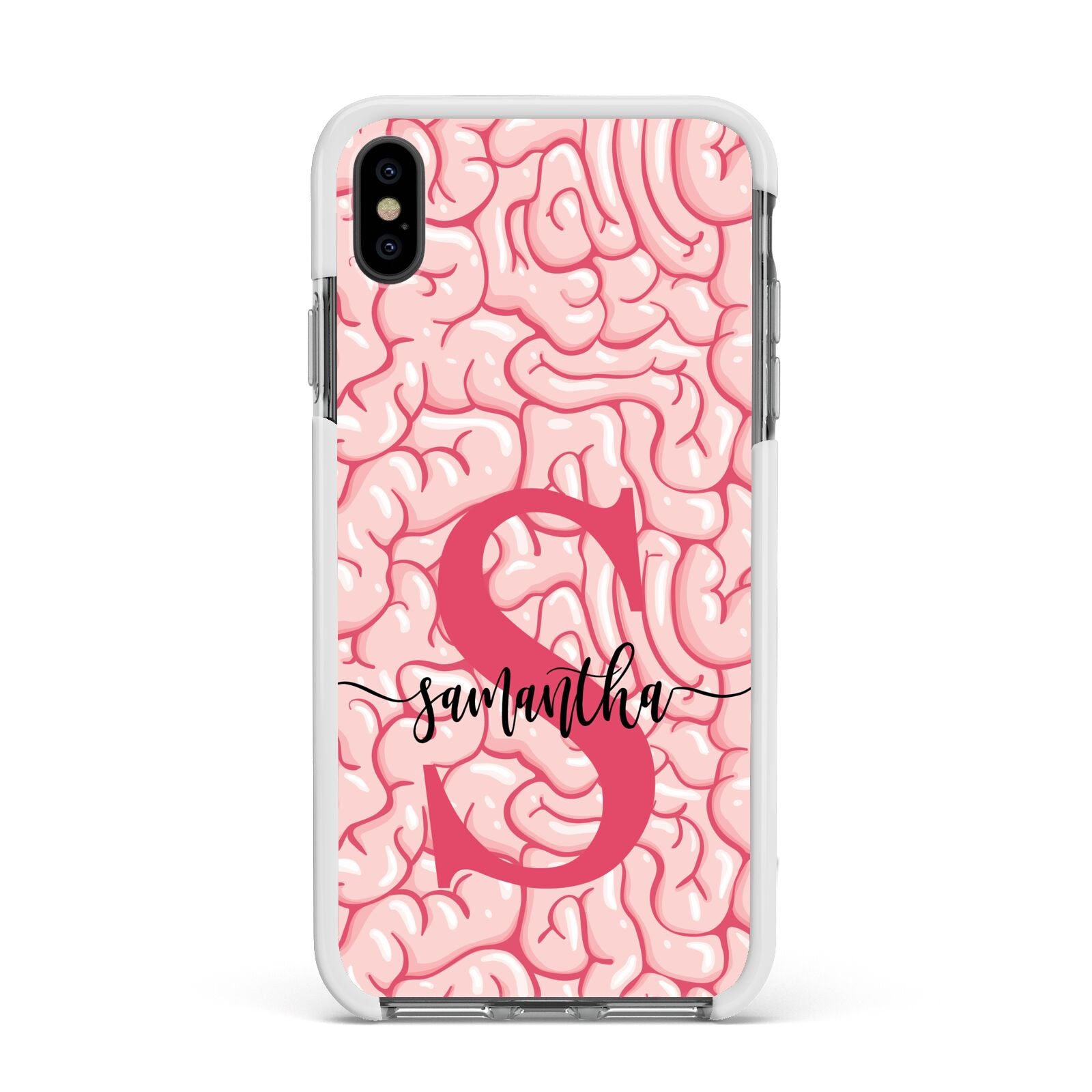 Brain Background with Monogram and Text Apple iPhone Xs Max Impact Case White Edge on Black Phone