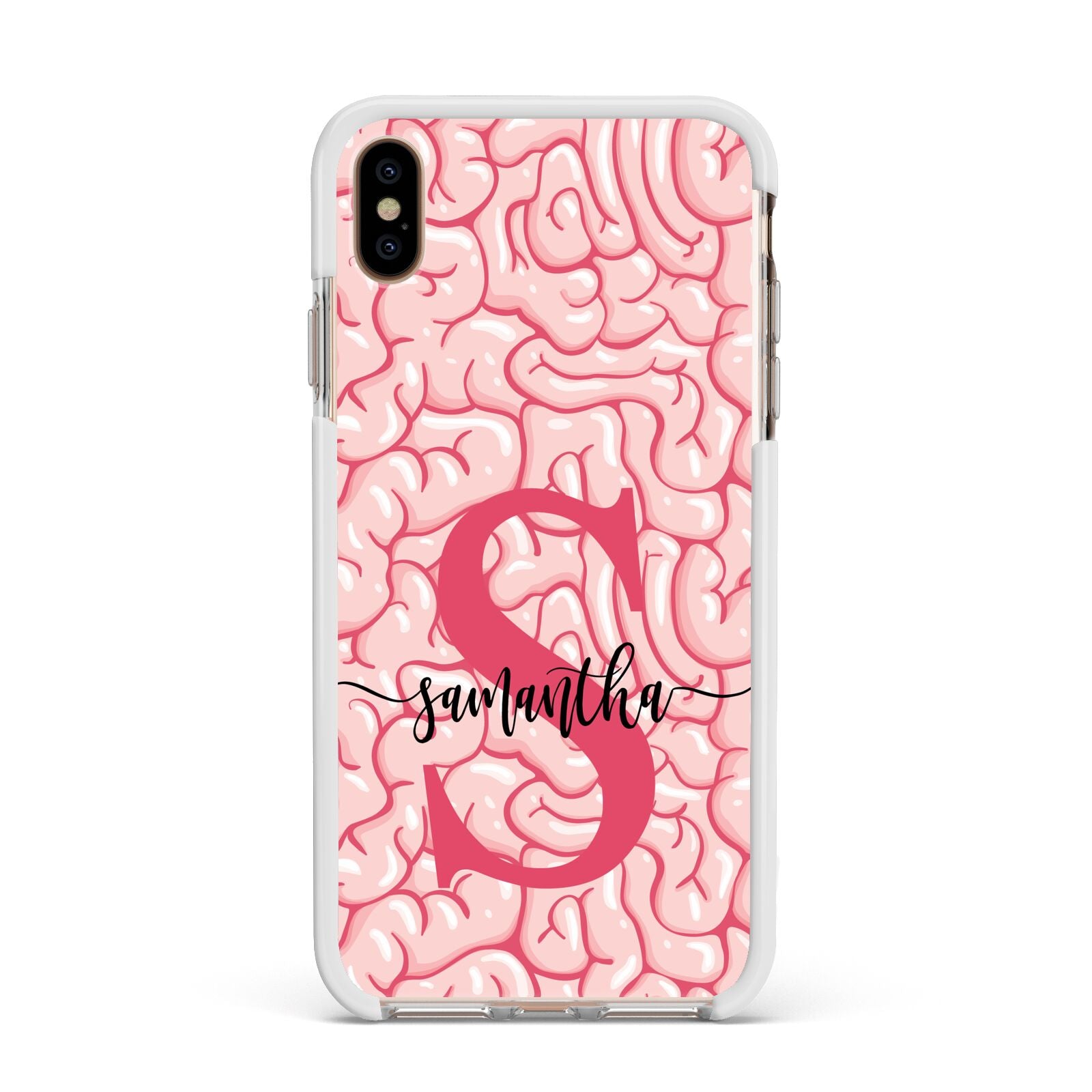 Brain Background with Monogram and Text Apple iPhone Xs Max Impact Case White Edge on Gold Phone