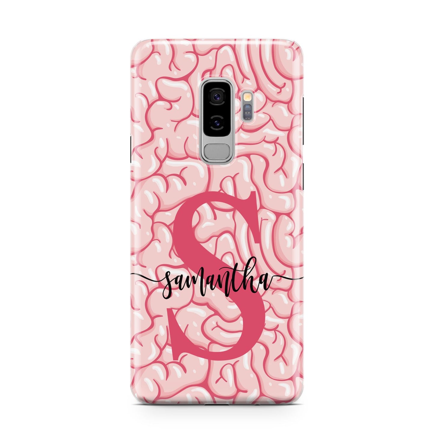 Brain Background with Monogram and Text Samsung Galaxy S9 Plus Case on Silver phone