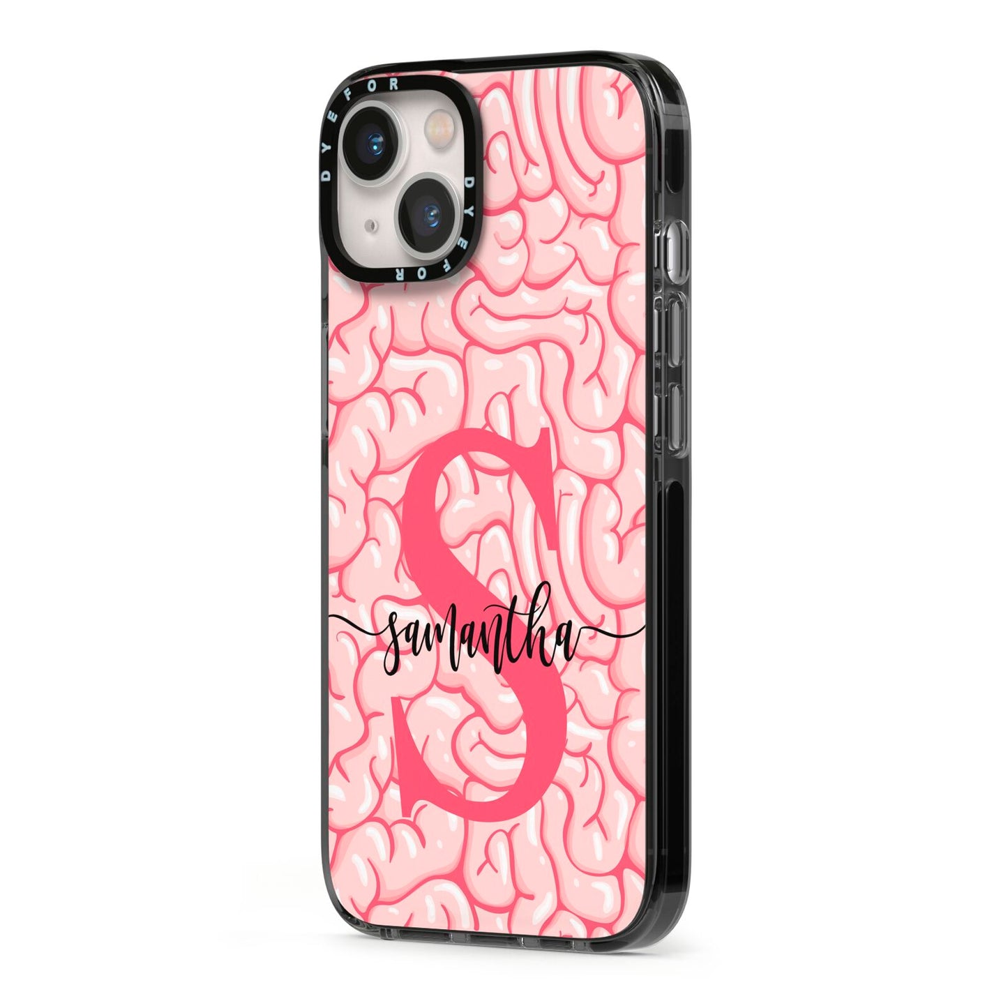 Brain Background with Monogram and Text iPhone 13 Black Impact Case Side Angle on Silver phone