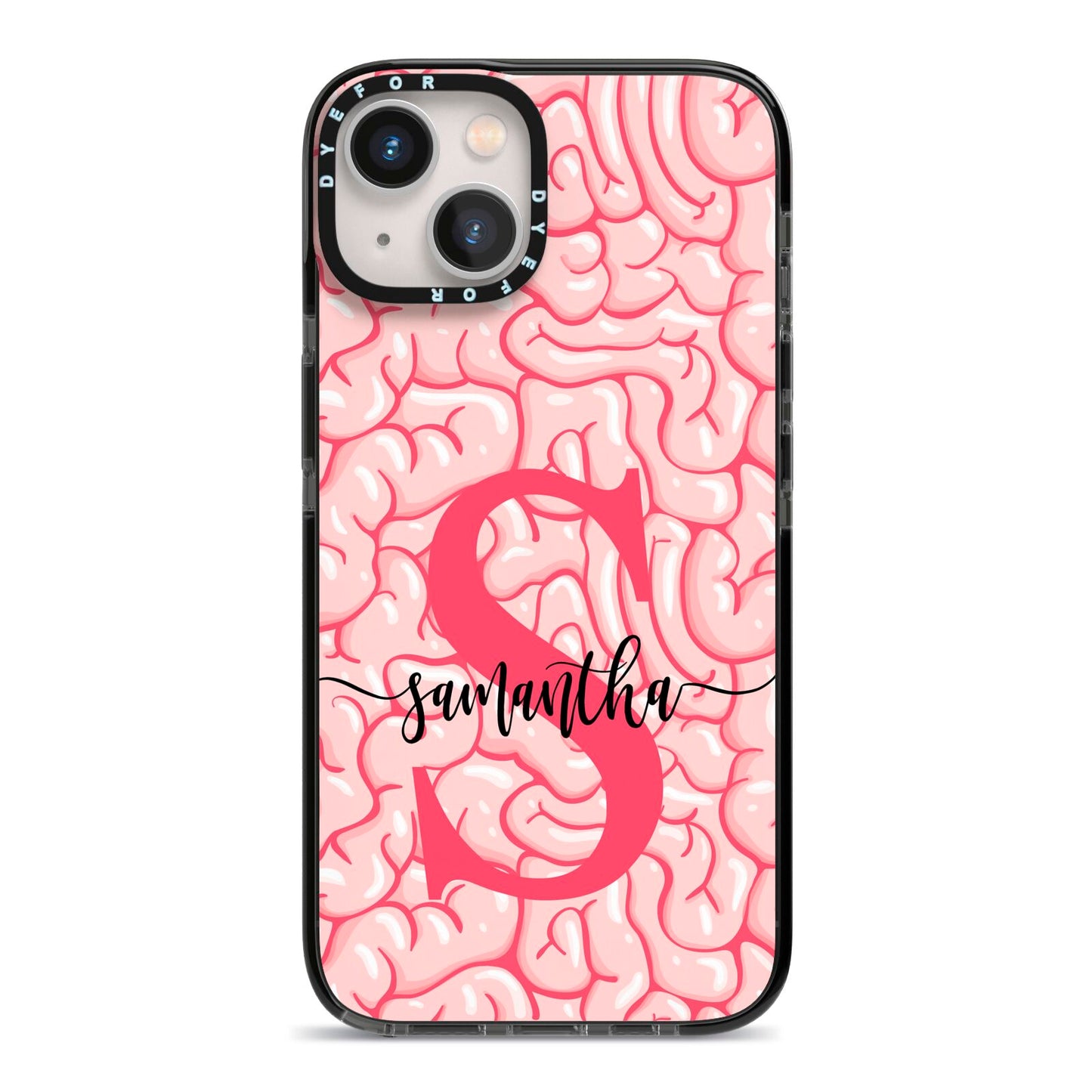 Brain Background with Monogram and Text iPhone 13 Black Impact Case on Silver phone