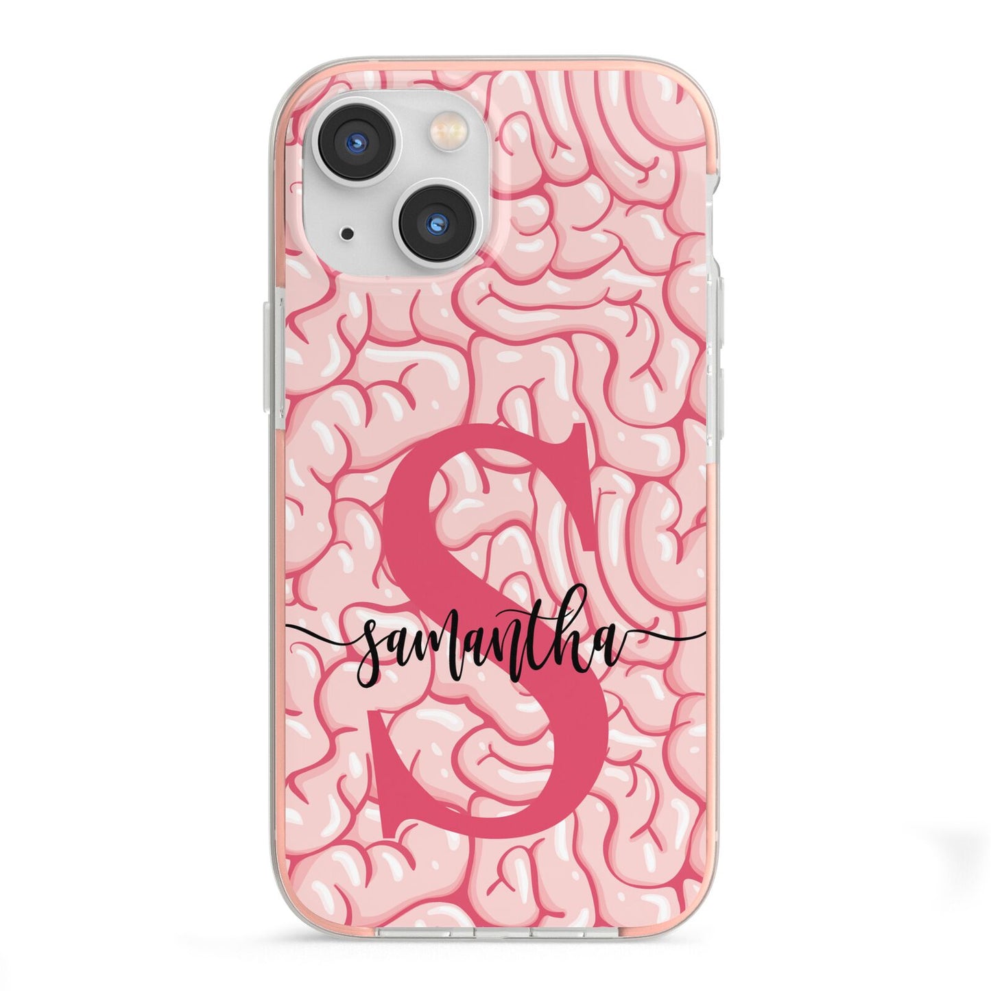 Brain Background with Monogram and Text iPhone 13 Mini TPU Impact Case with Pink Edges