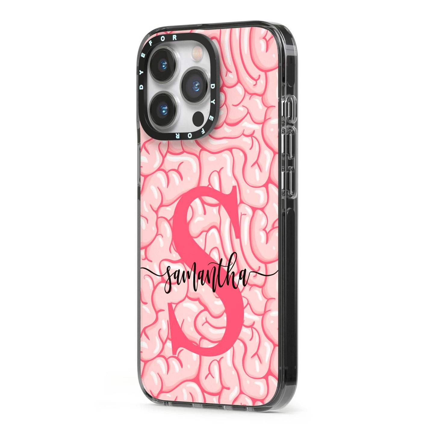 Brain Background with Monogram and Text iPhone 13 Pro Black Impact Case Side Angle on Silver phone