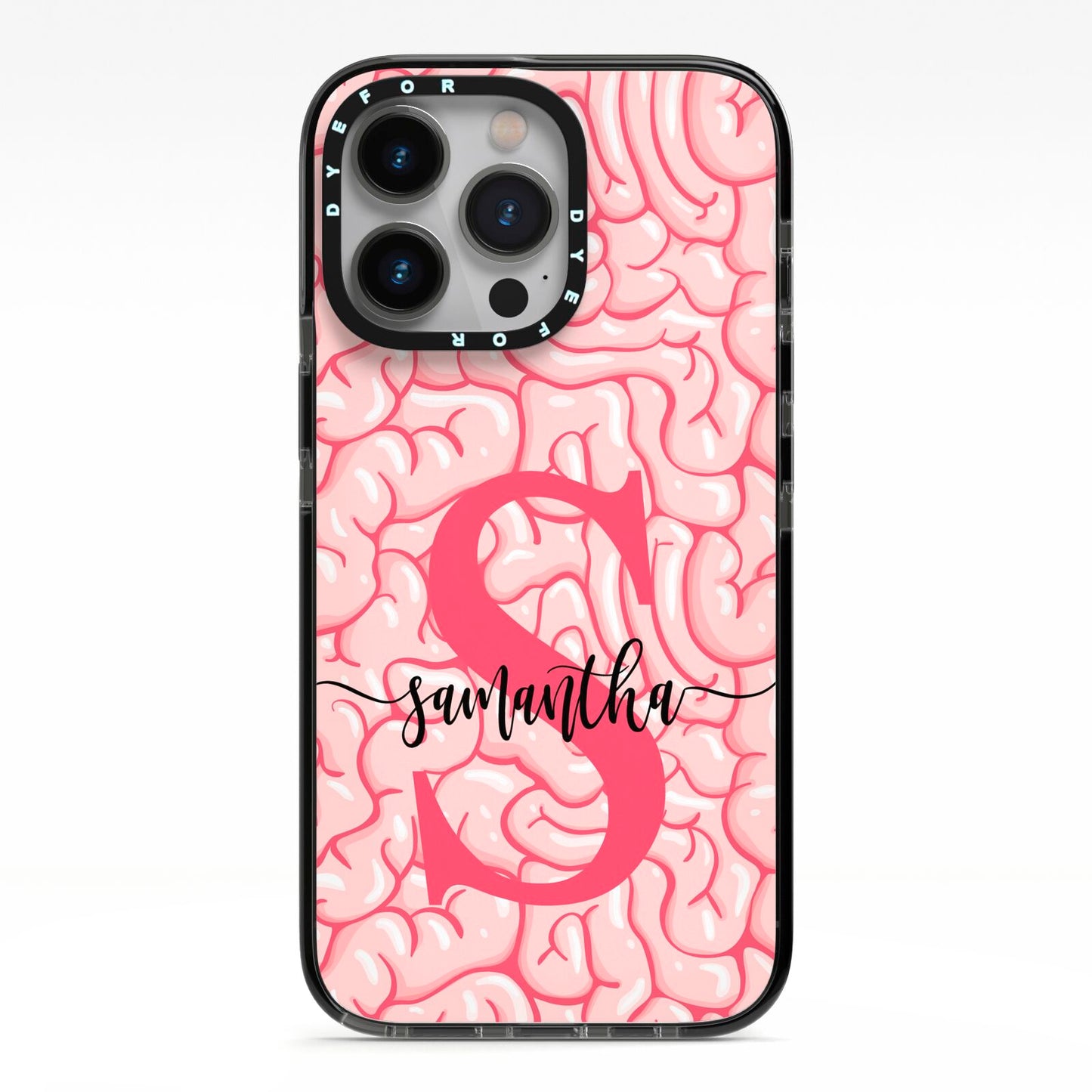 Brain Background with Monogram and Text iPhone 13 Pro Black Impact Case on Silver phone
