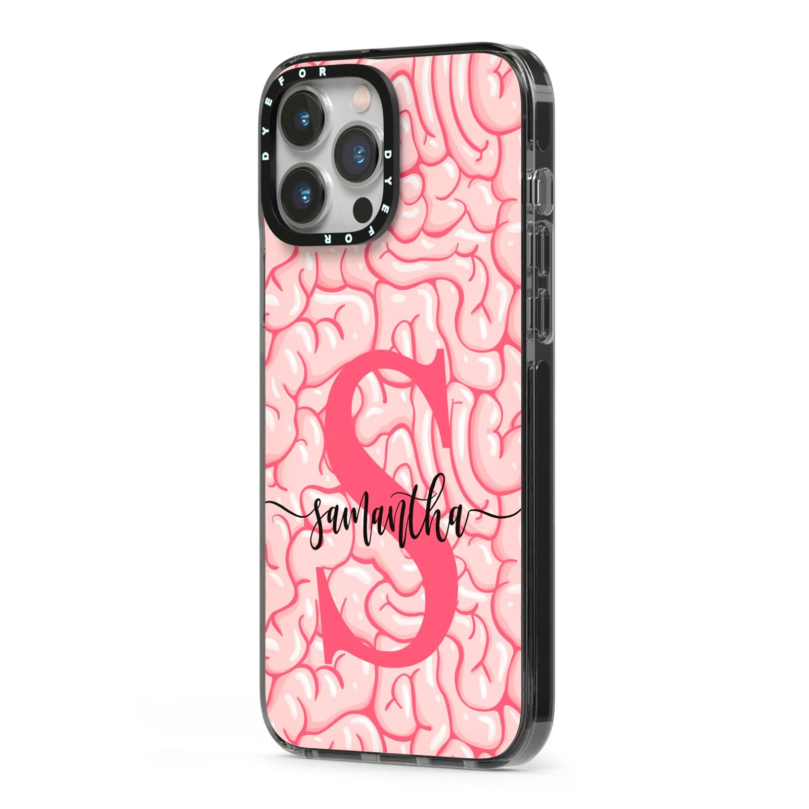 Brain Background with Monogram and Text iPhone 13 Pro Max Black Impact Case Side Angle on Silver phone