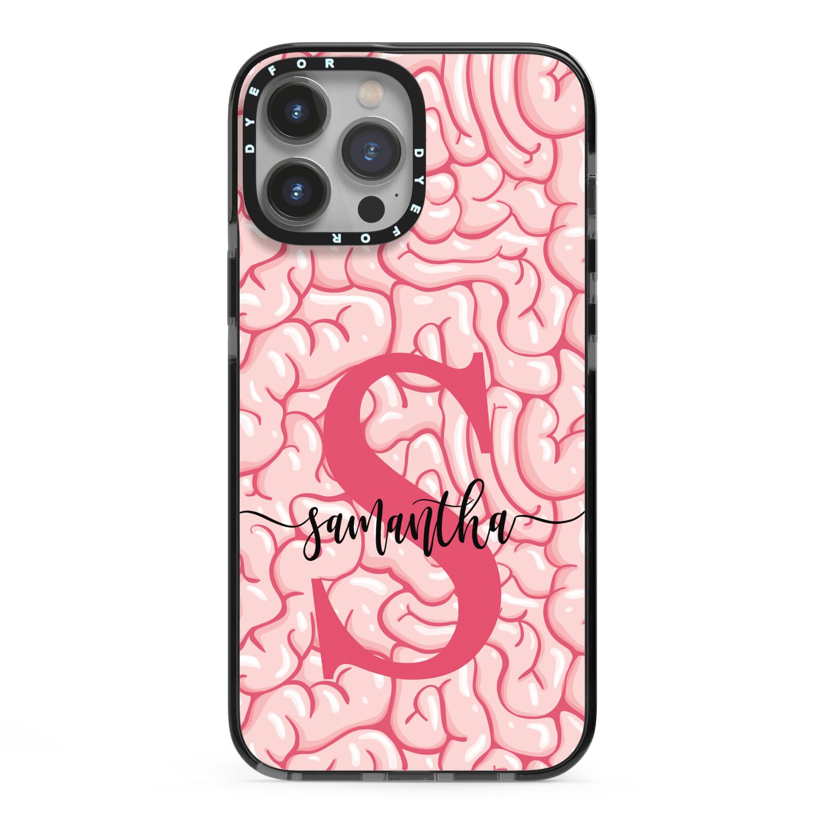 Brain Background with Monogram and Text iPhone 13 Pro Max Black Impact Case on Silver phone