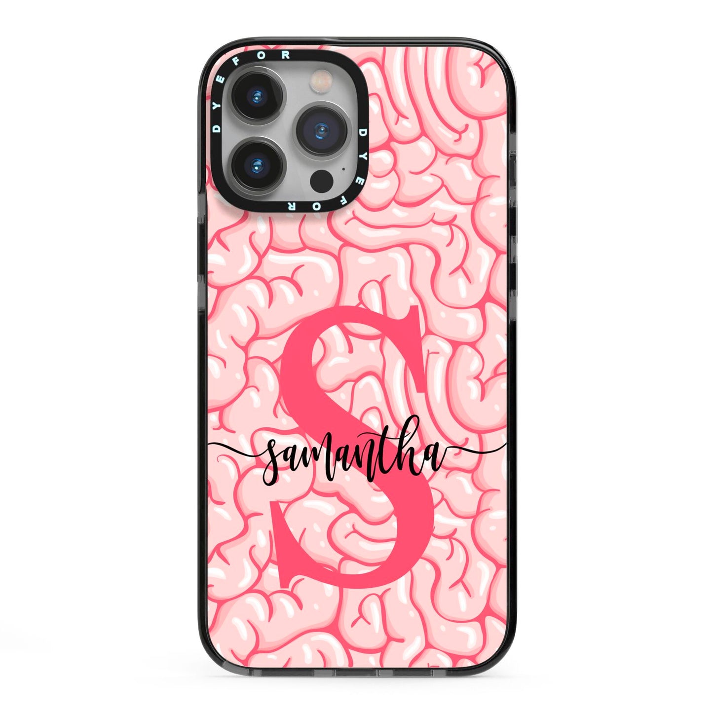 Brain Background with Monogram and Text iPhone 13 Pro Max Black Impact Case on Silver phone