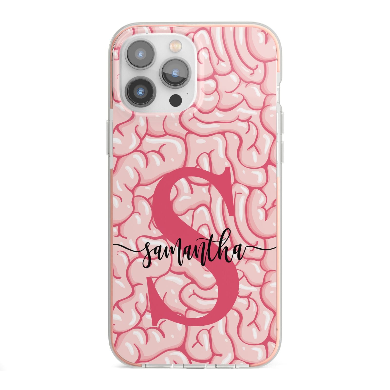 Brain Background with Monogram and Text iPhone 13 Pro Max TPU Impact Case with Pink Edges