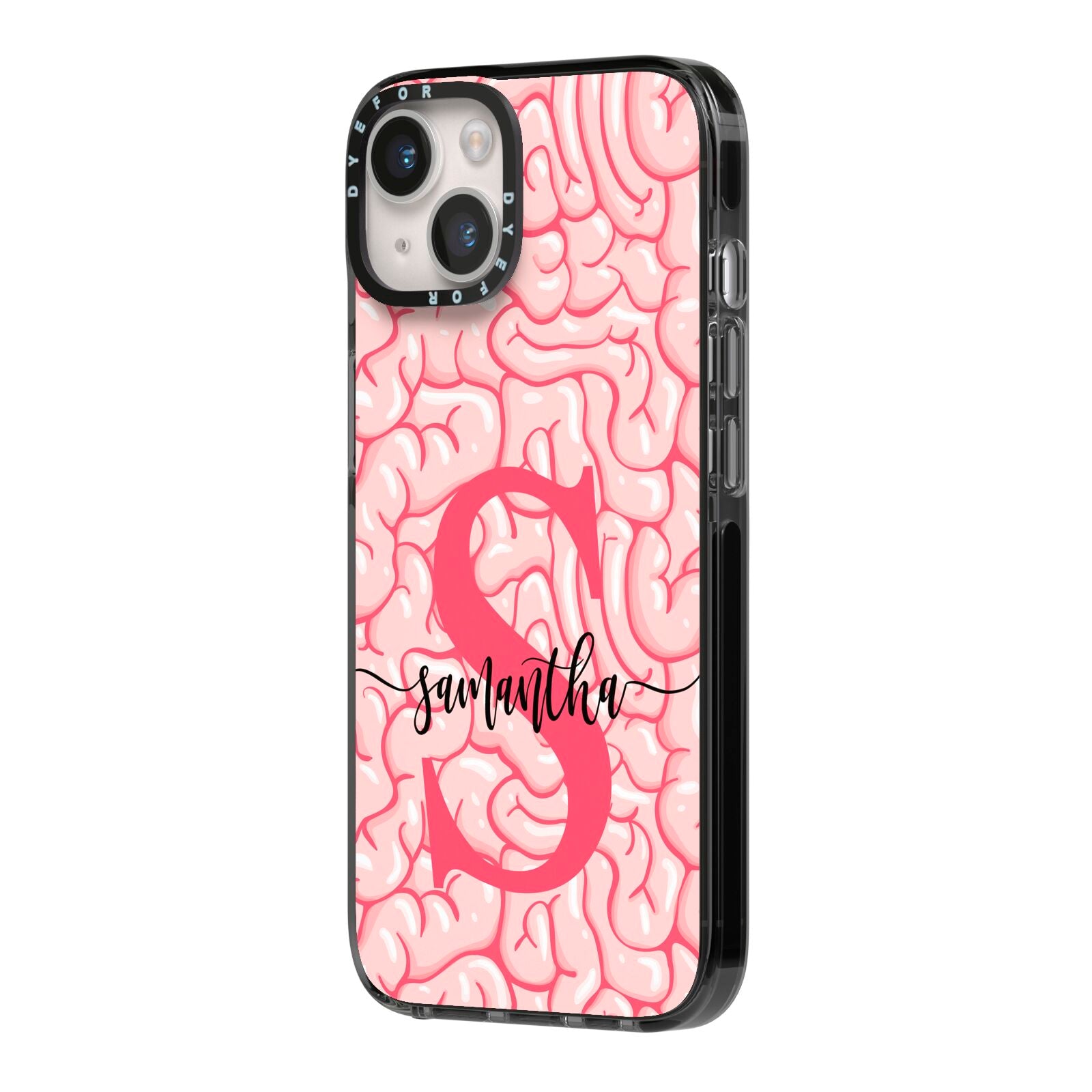 Brain Background with Monogram and Text iPhone 14 Black Impact Case Side Angle on Silver phone