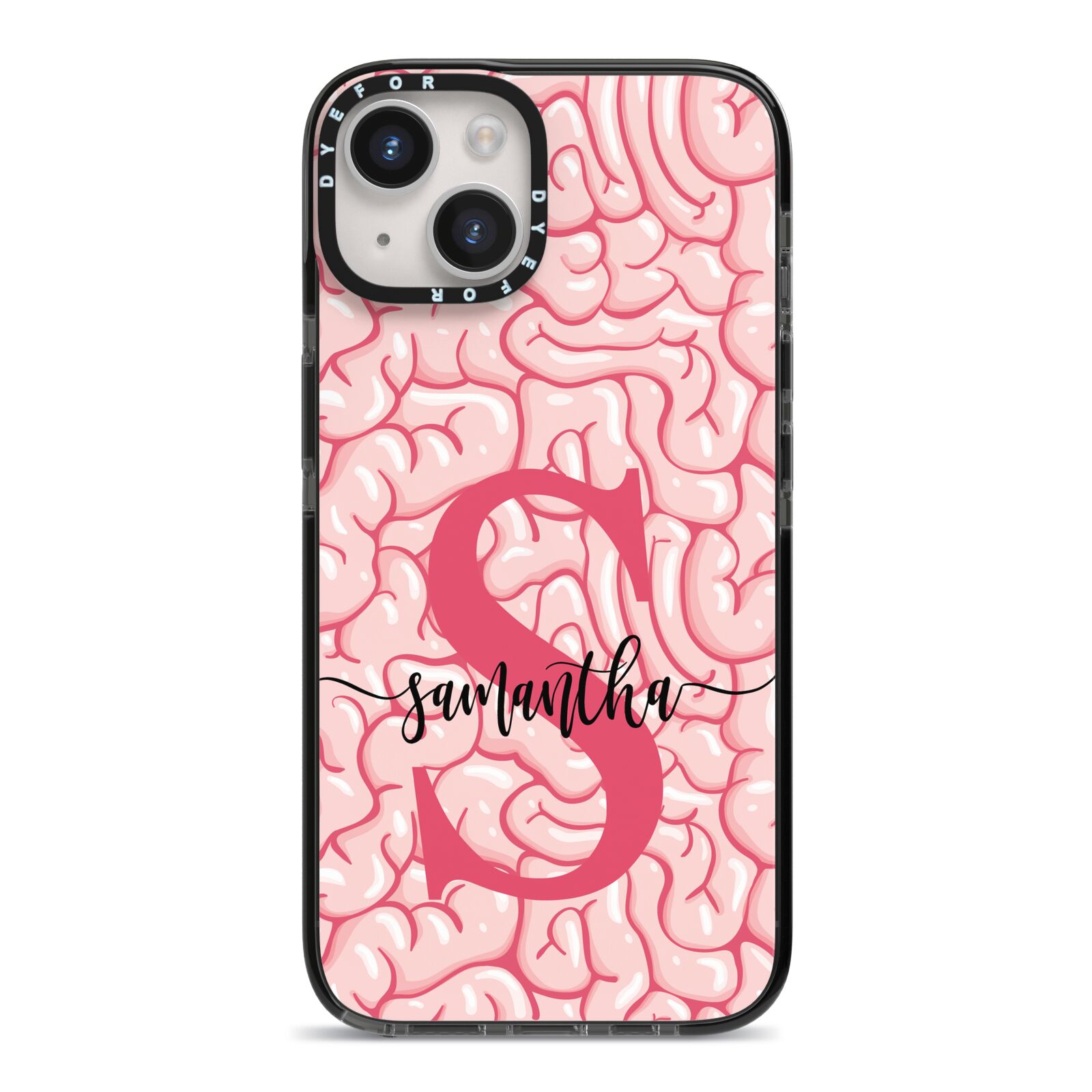Brain Background with Monogram and Text iPhone 14 Black Impact Case on Silver phone