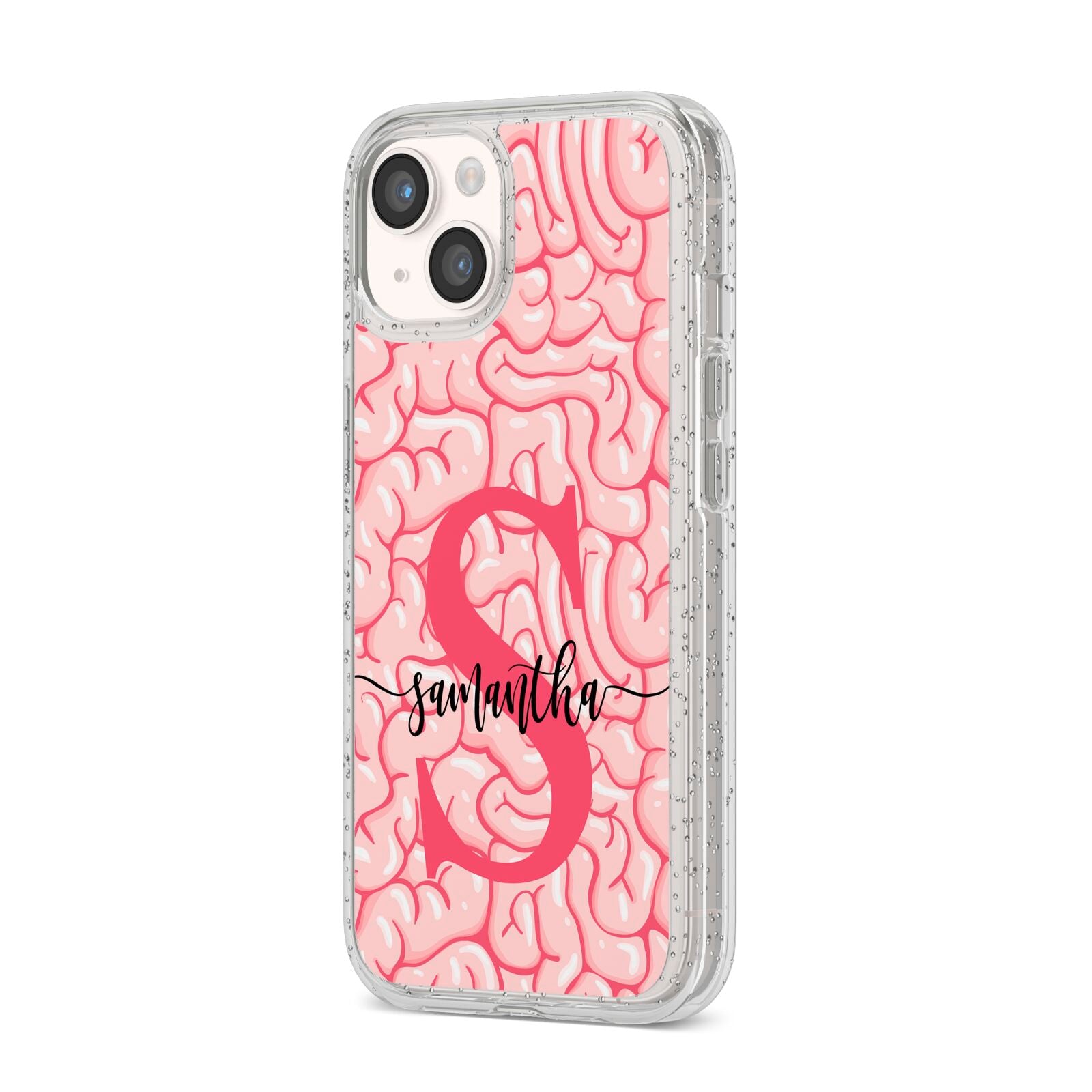 Brain Background with Monogram and Text iPhone 14 Glitter Tough Case Starlight Angled Image