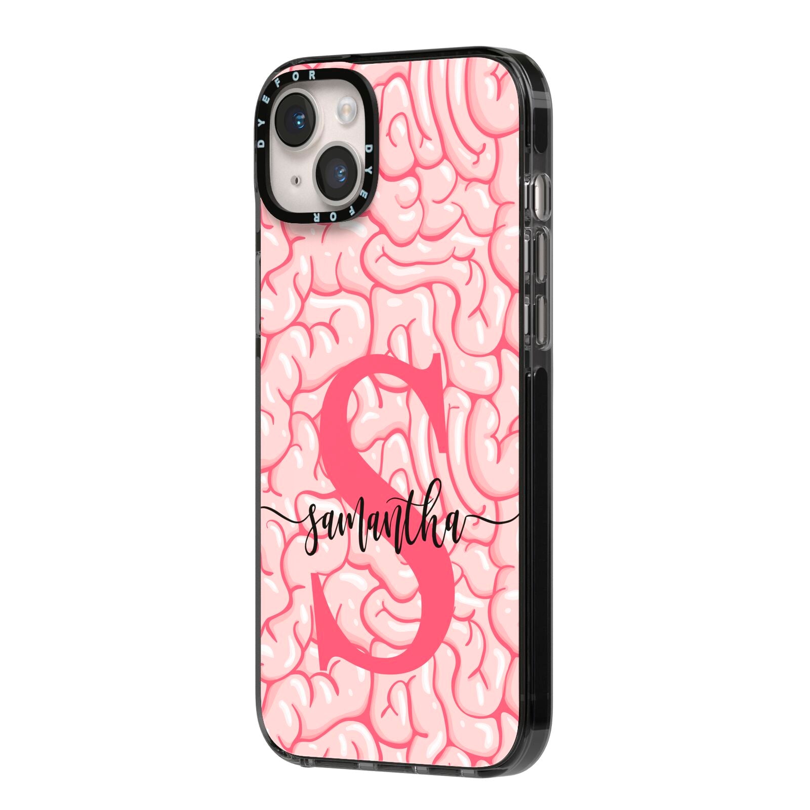 Brain Background with Monogram and Text iPhone 14 Plus Black Impact Case Side Angle on Silver phone