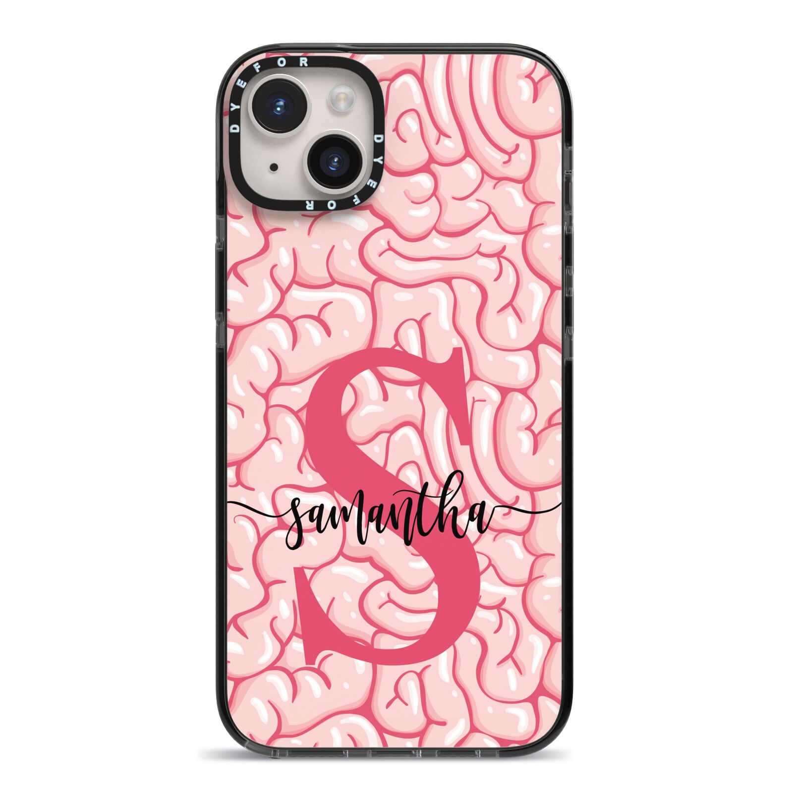 Brain Background with Monogram and Text iPhone 14 Plus Black Impact Case on Silver phone