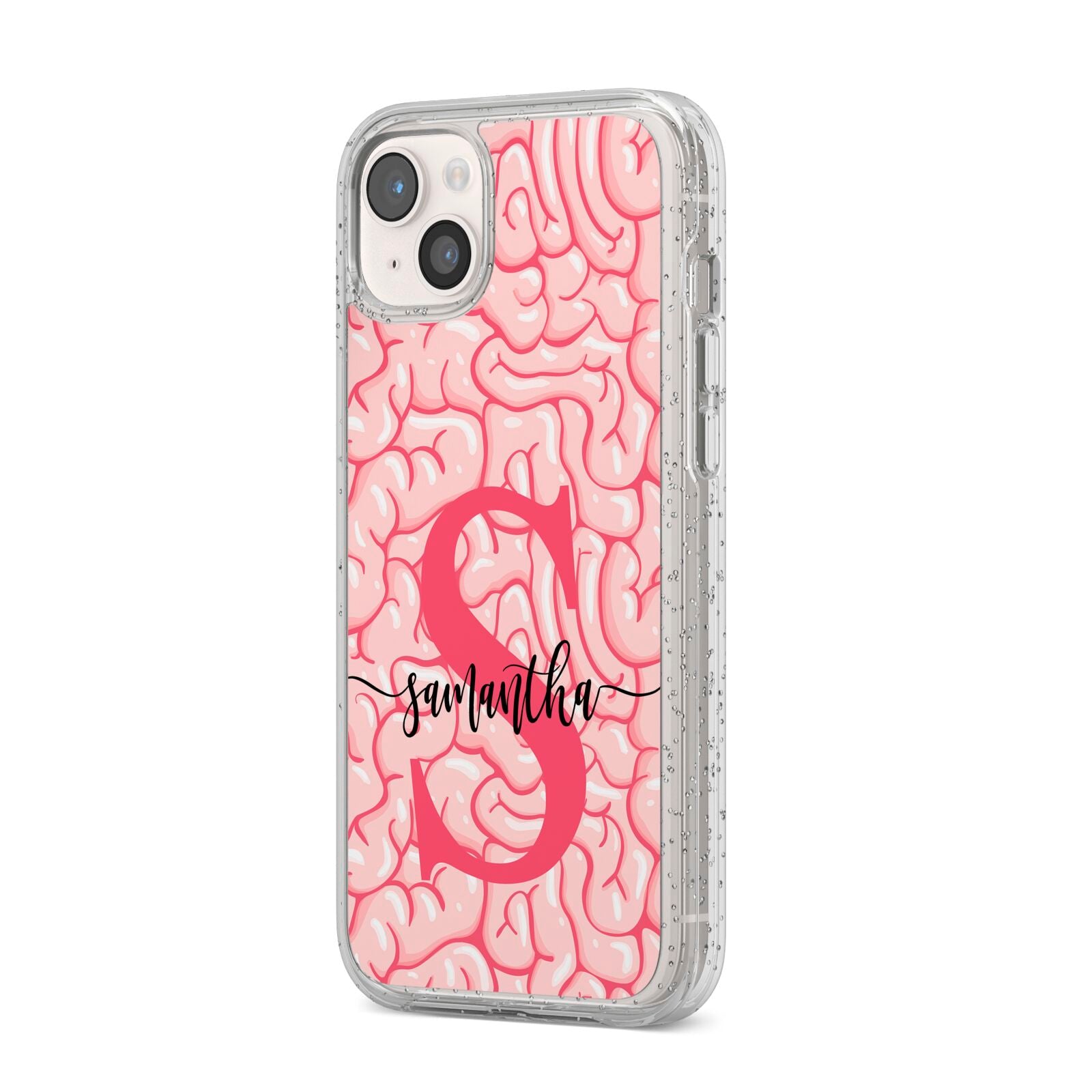 Brain Background with Monogram and Text iPhone 14 Plus Glitter Tough Case Starlight Angled Image