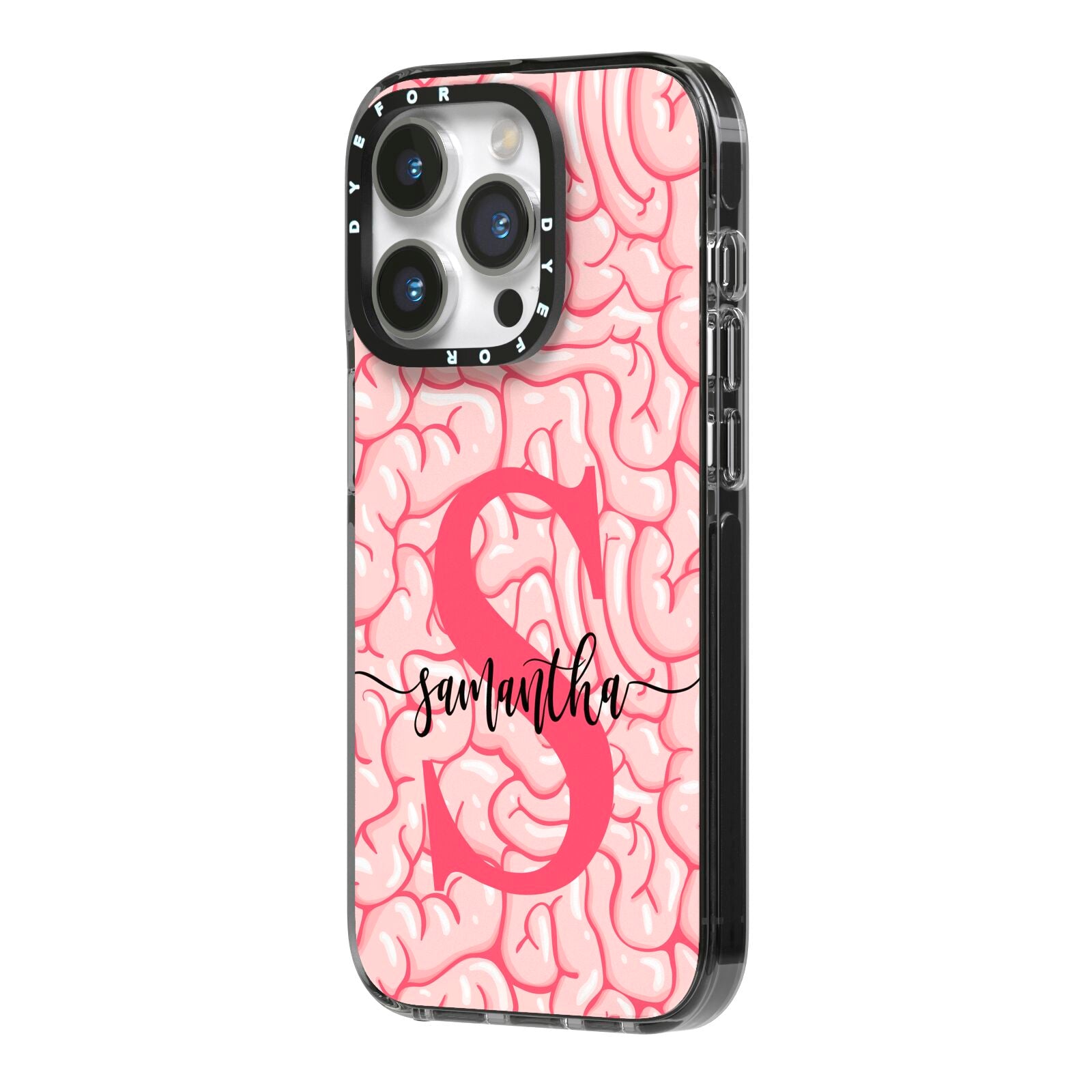 Brain Background with Monogram and Text iPhone 14 Pro Black Impact Case Side Angle on Silver phone