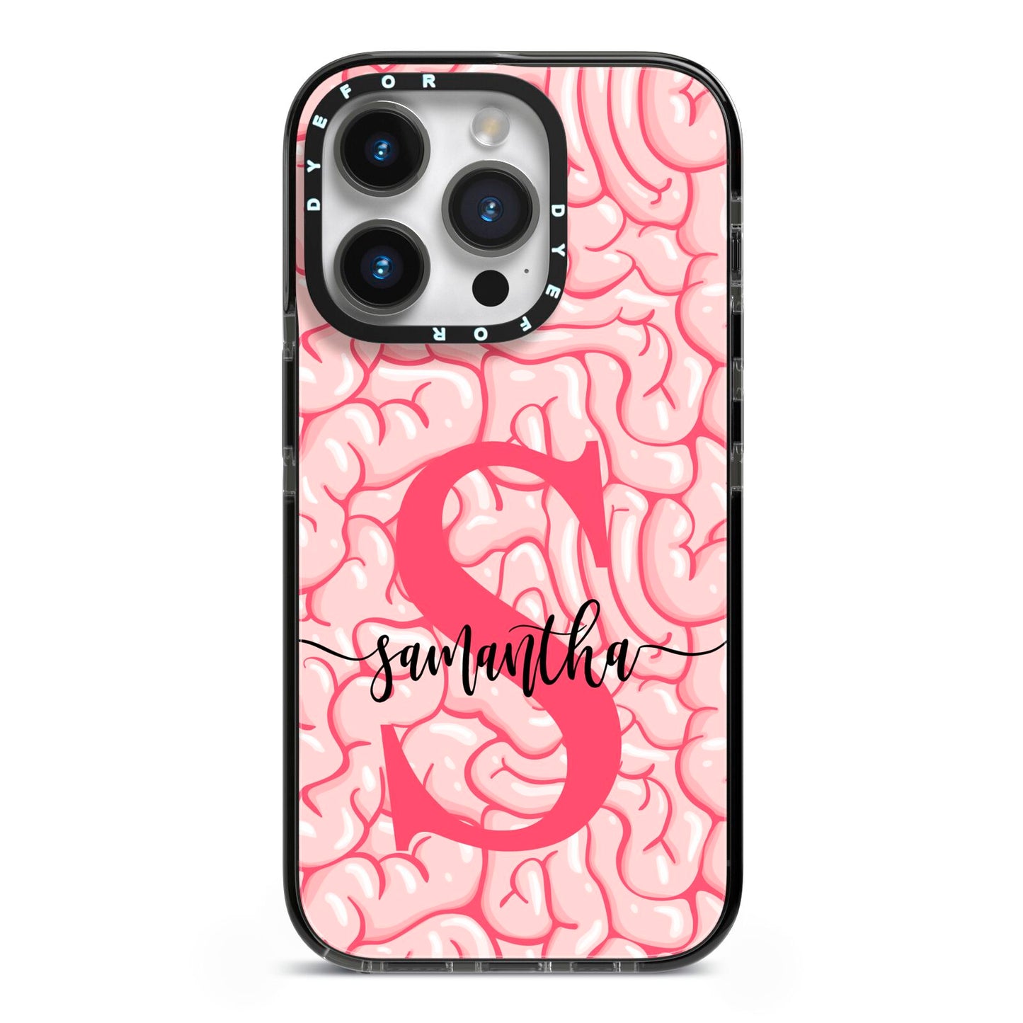 Brain Background with Monogram and Text iPhone 14 Pro Black Impact Case on Silver phone