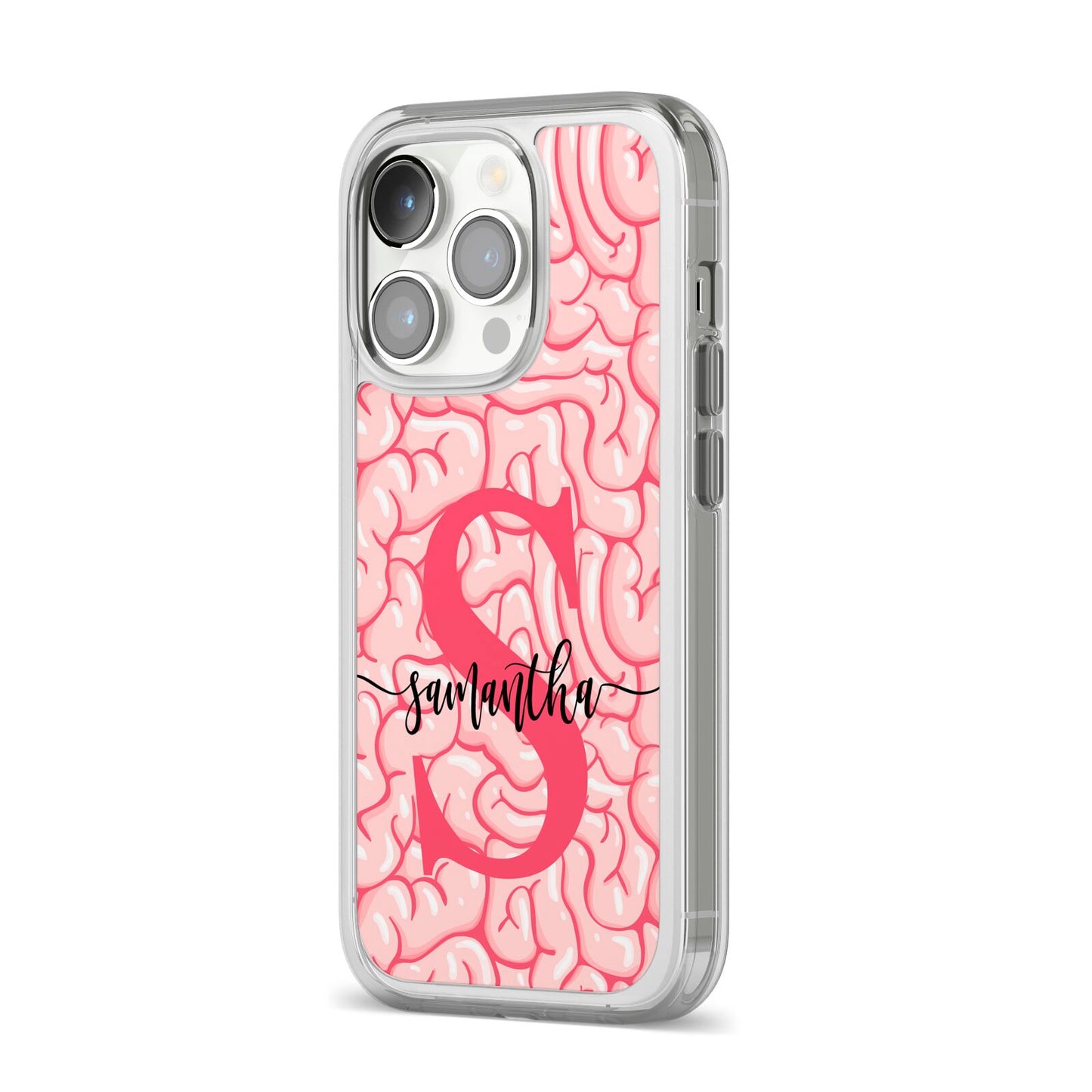 Brain Background with Monogram and Text iPhone 14 Pro Clear Tough Case Silver Angled Image