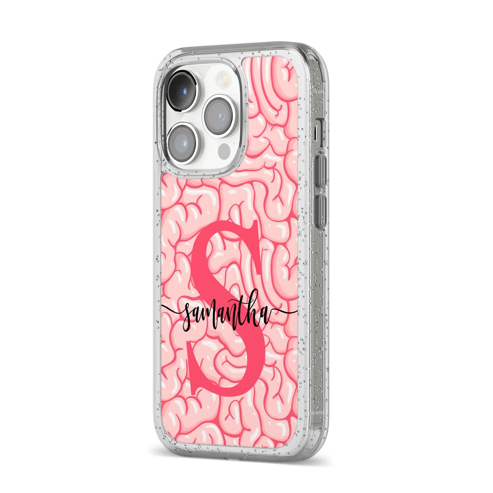 Brain Background with Monogram and Text iPhone 14 Pro Glitter Tough Case Silver Angled Image