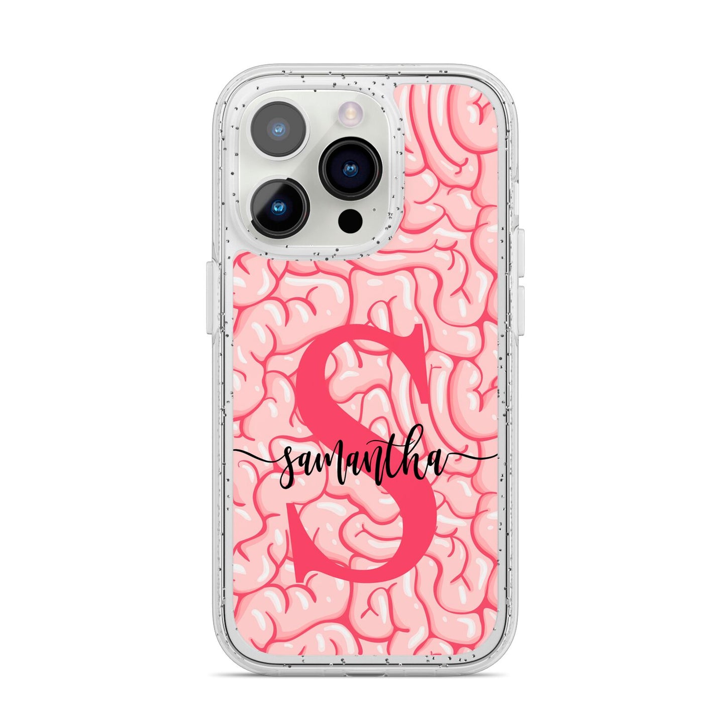 Brain Background with Monogram and Text iPhone 14 Pro Glitter Tough Case Silver