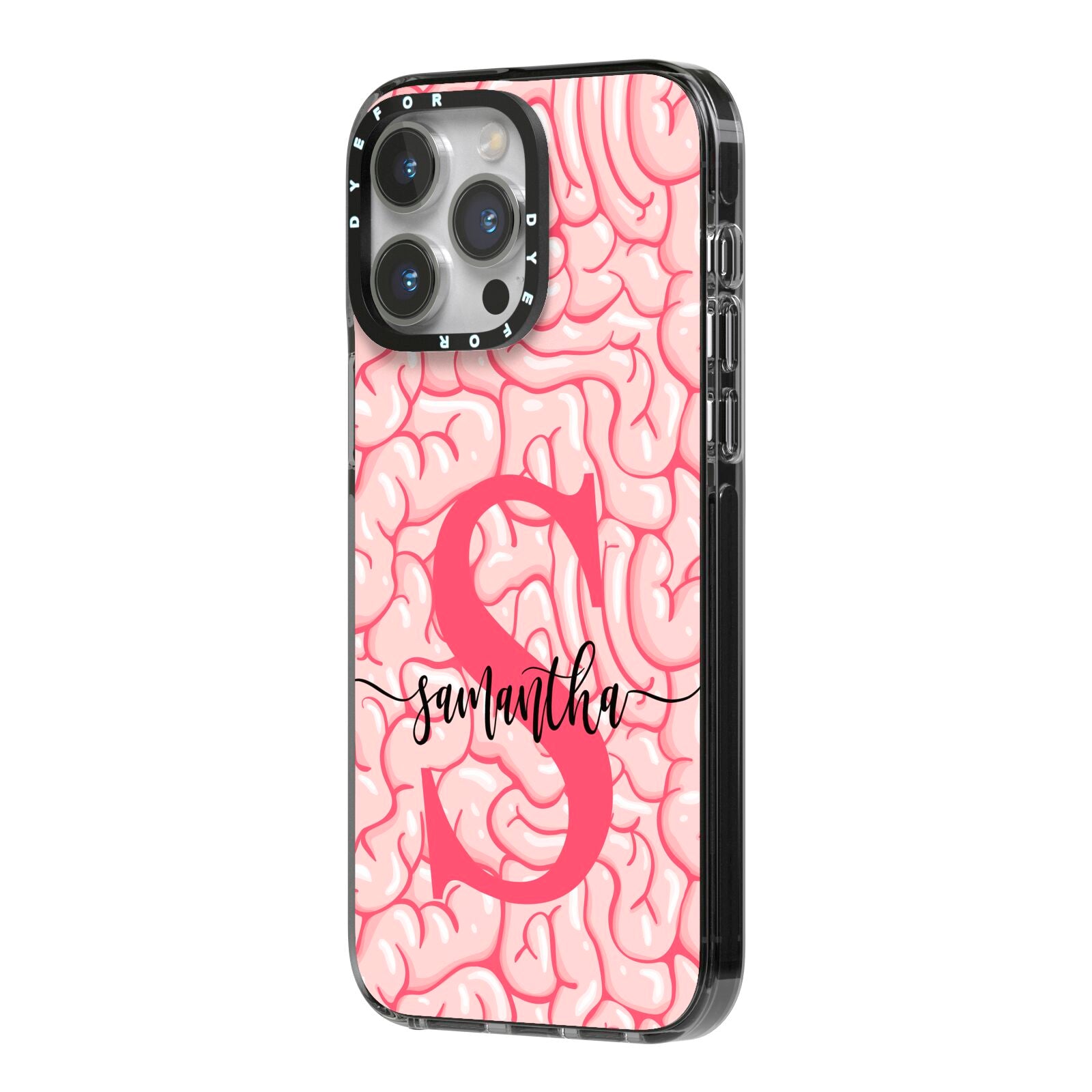 Brain Background with Monogram and Text iPhone 14 Pro Max Black Impact Case Side Angle on Silver phone