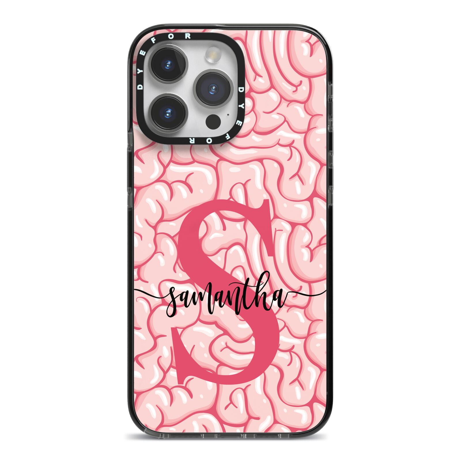 Brain Background with Monogram and Text iPhone 14 Pro Max Black Impact Case on Silver phone