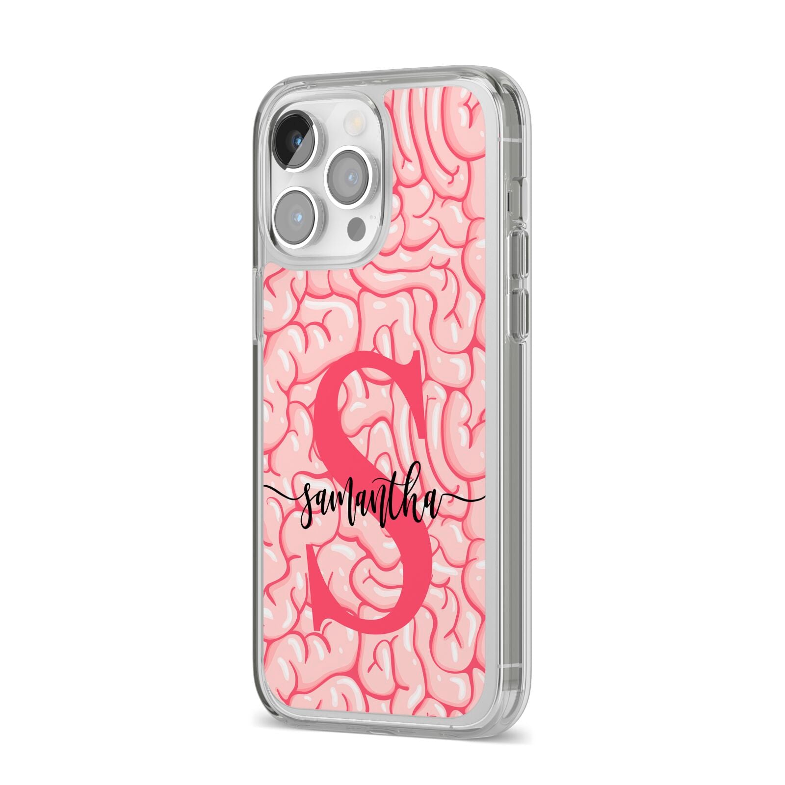 Brain Background with Monogram and Text iPhone 14 Pro Max Clear Tough Case Silver Angled Image