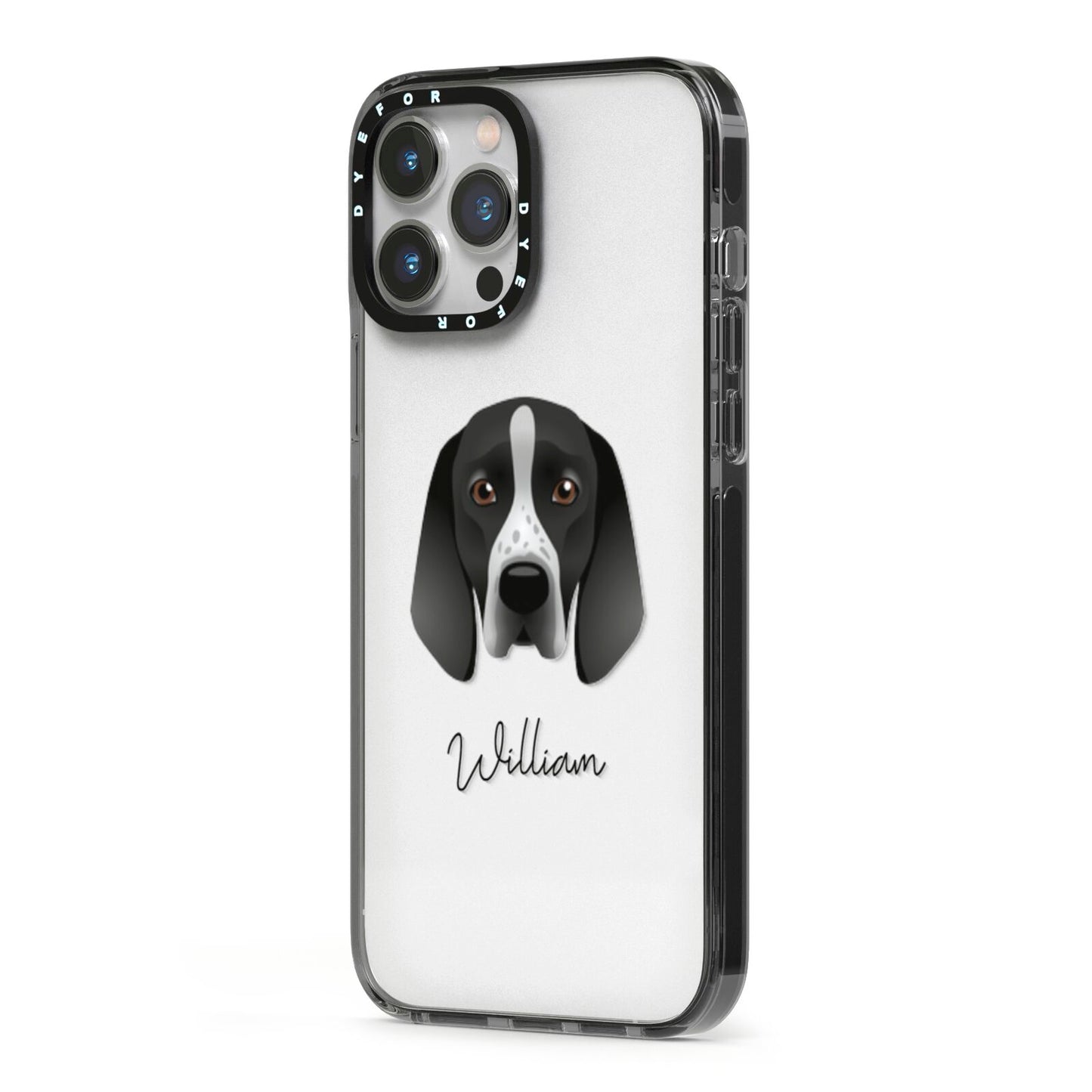Braque D Auvergne Personalised iPhone 13 Pro Max Black Impact Case Side Angle on Silver phone