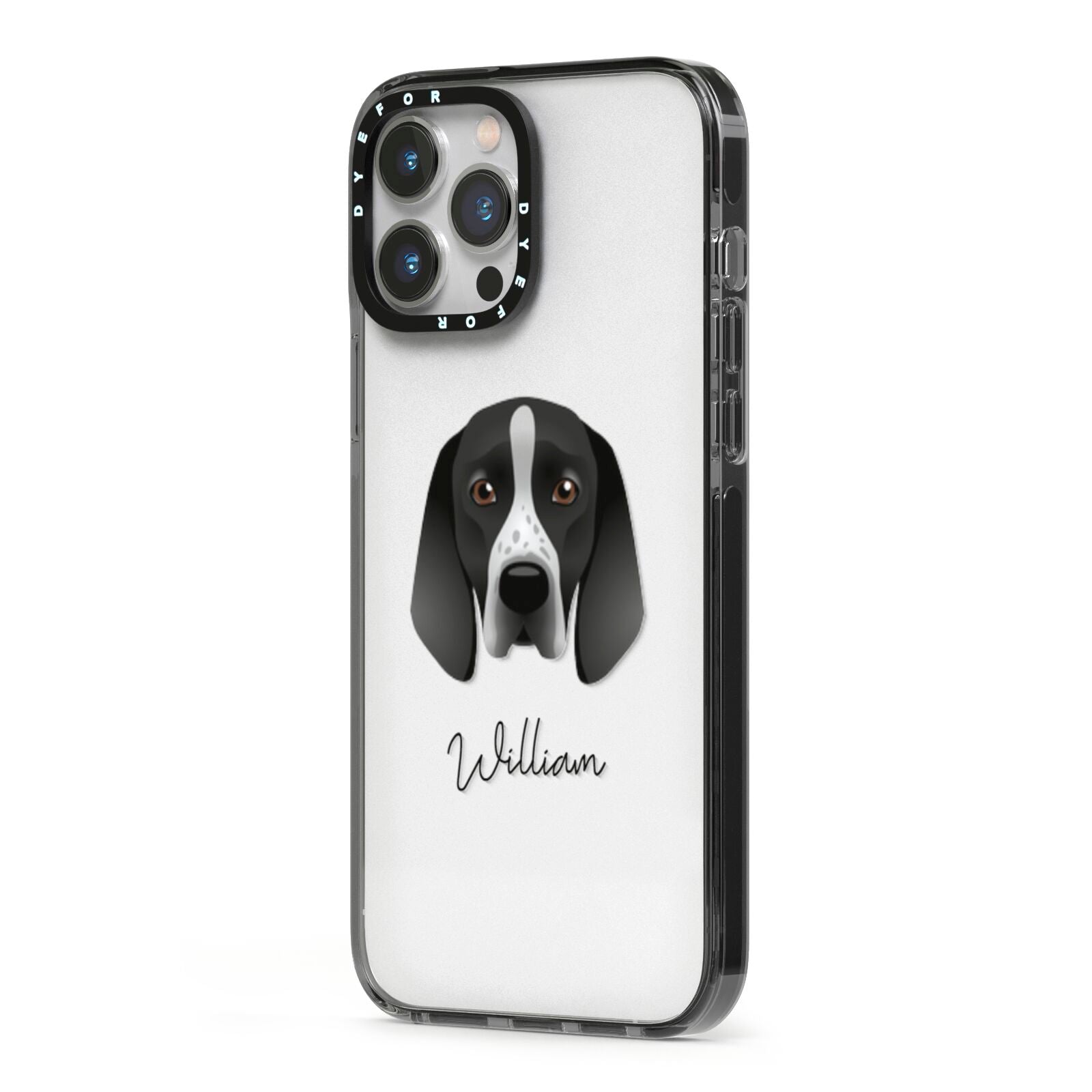 Braque D Auvergne Personalised iPhone 13 Pro Max Black Impact Case Side Angle on Silver phone