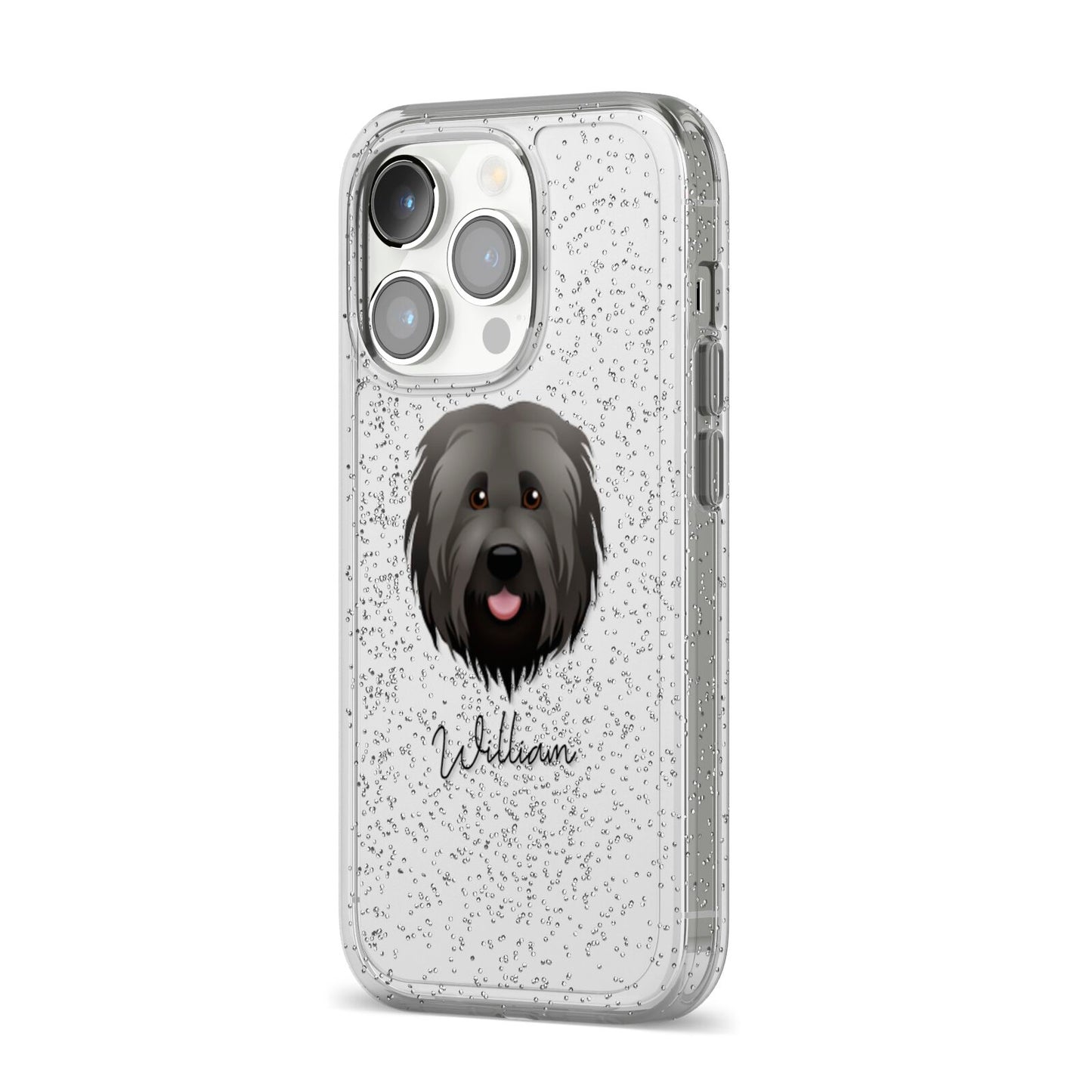 Briard Personalised iPhone 14 Pro Glitter Tough Case Silver Angled Image